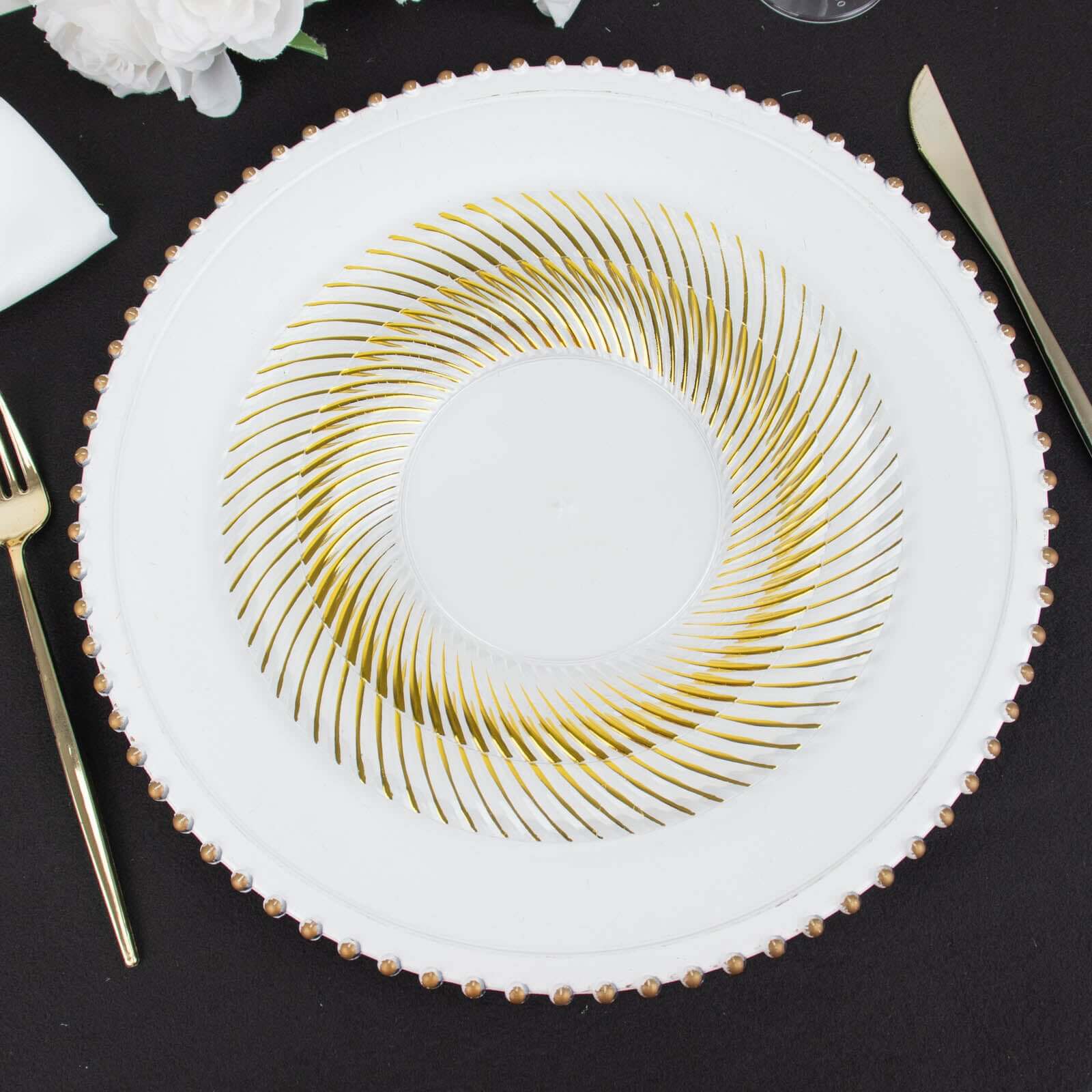 10-Pack Plastic Round Dessert Plates 7" Clear with Gold Swirl Rim - Disposable Salad Plates - Image 9