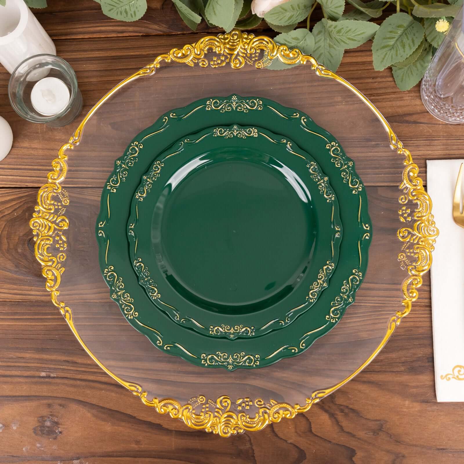 10-Pack Plastic Round Dessert Plates 7" Hunter Emerald Green with Gold Vintage Embossed Rim & Scalloped Edges - Sturdy Disposable Salad Plates