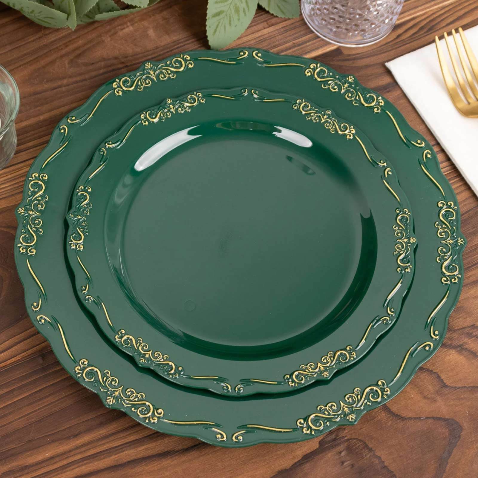 10-Pack Plastic Round Dessert Plates 7" Hunter Emerald Green with Gold Vintage Embossed Rim & Scalloped Edges - Sturdy Disposable Salad Plates - Image 5