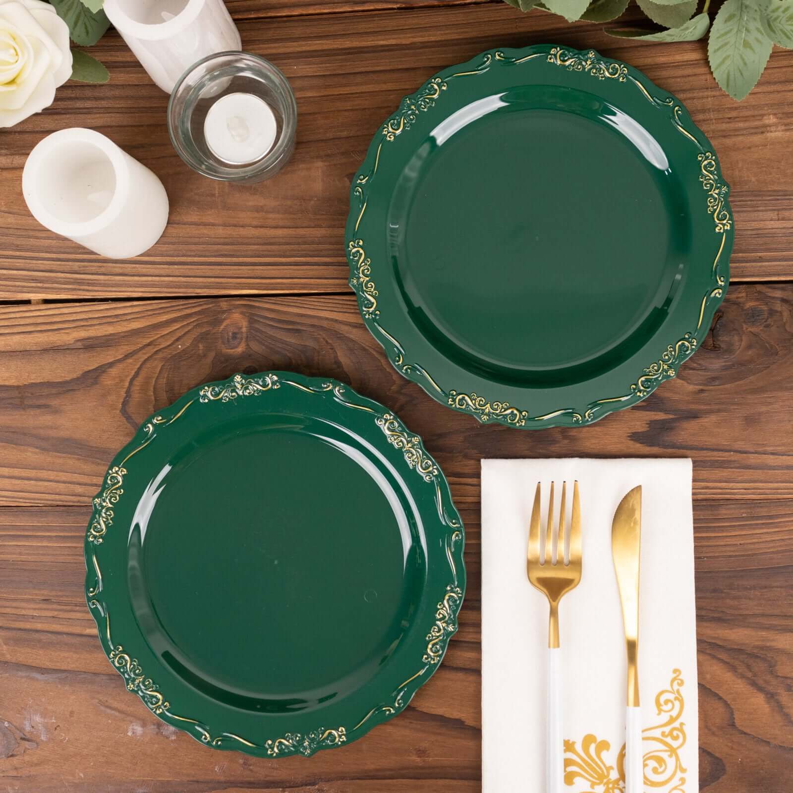 10-Pack Plastic Round Dessert Plates 7" Hunter Emerald Green with Gold Vintage Embossed Rim & Scalloped Edges - Sturdy Disposable Salad Plates - Image 8