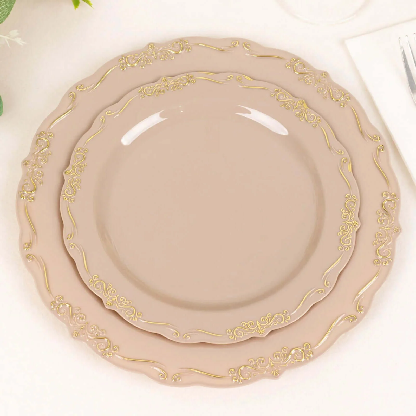 10-Pack Plastic Round Dessert Plates 7" Taupe with Gold Vintage Embossed Rim & Scalloped Edges - Sturdy Disposable Salad Plates
