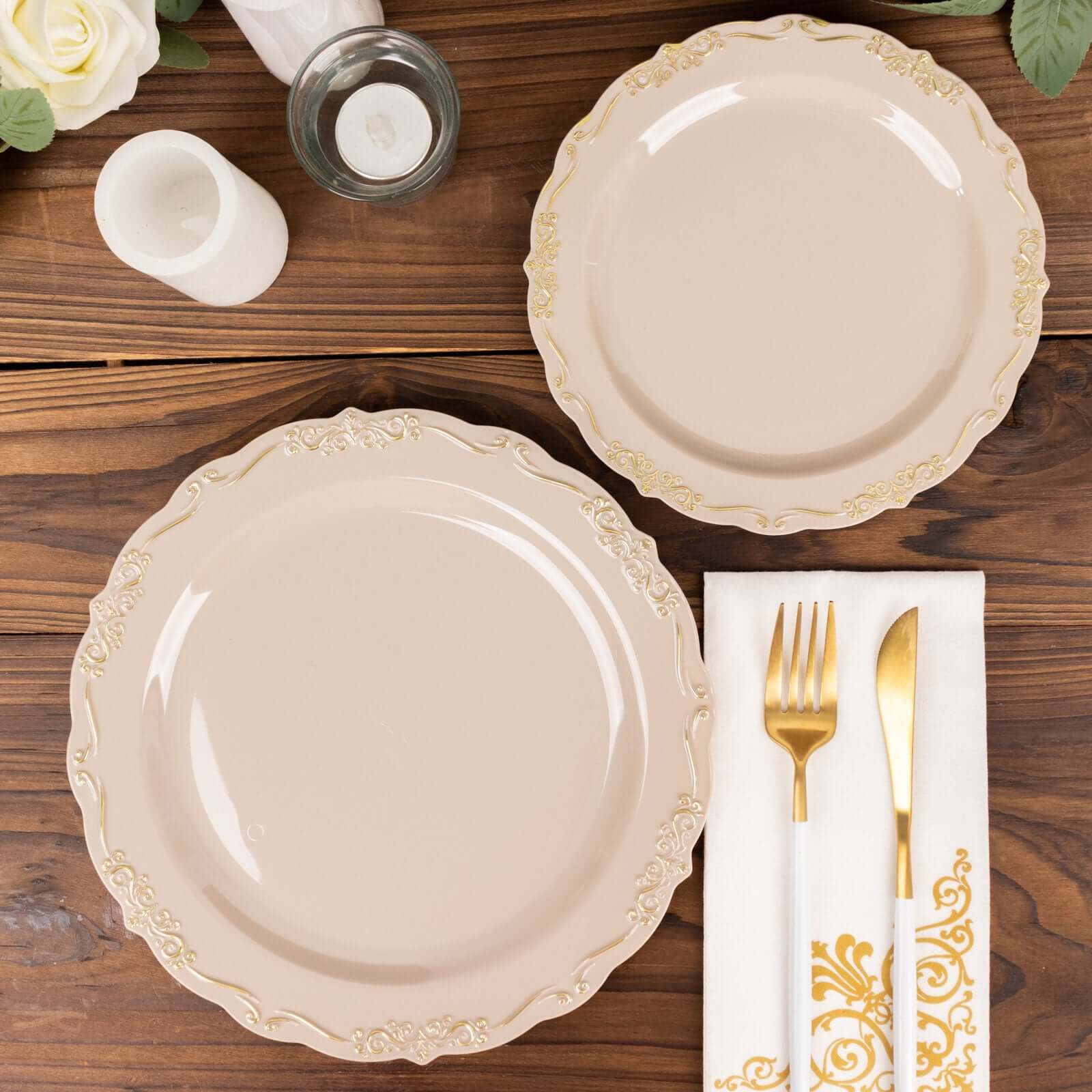 10-Pack Plastic Round Dessert Plates 7" Taupe with Gold Vintage Embossed Rim & Scalloped Edges - Sturdy Disposable Salad Plates - Image 10