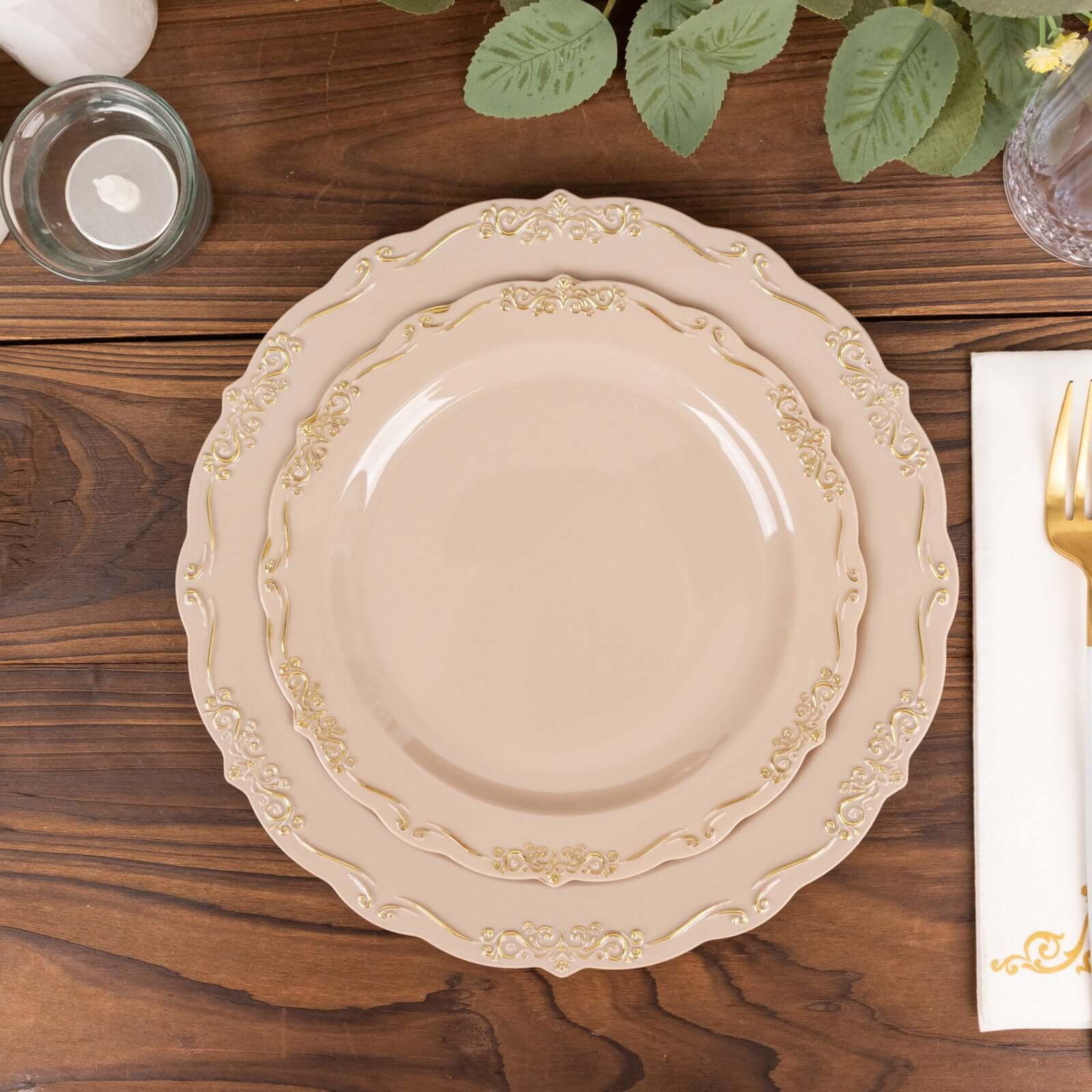 10-Pack Plastic Round Dessert Plates 7" Taupe with Gold Vintage Embossed Rim & Scalloped Edges - Sturdy Disposable Salad Plates - Image 11