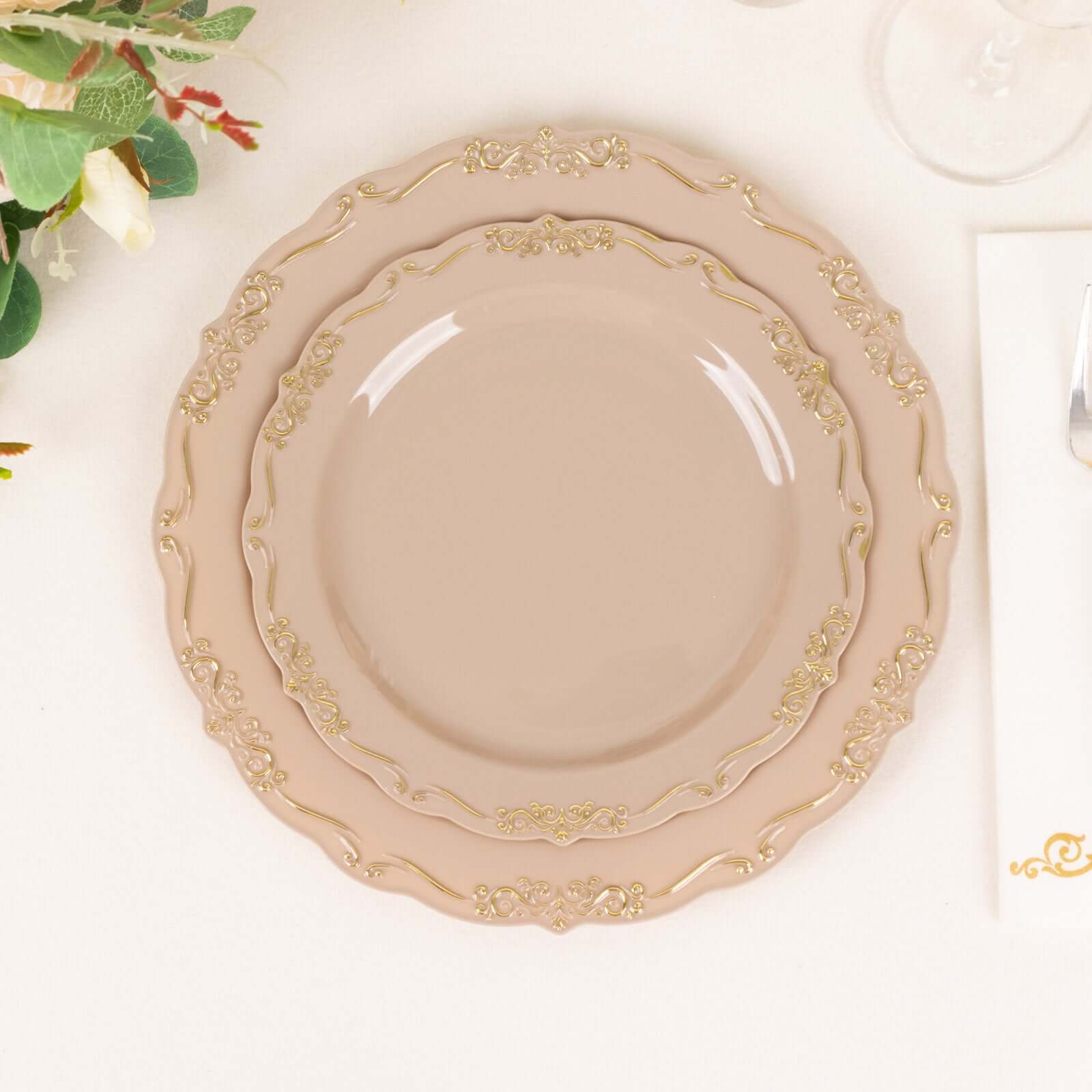 10-Pack Plastic Round Dessert Plates 7" Taupe with Gold Vintage Embossed Rim & Scalloped Edges - Sturdy Disposable Salad Plates - Image 12