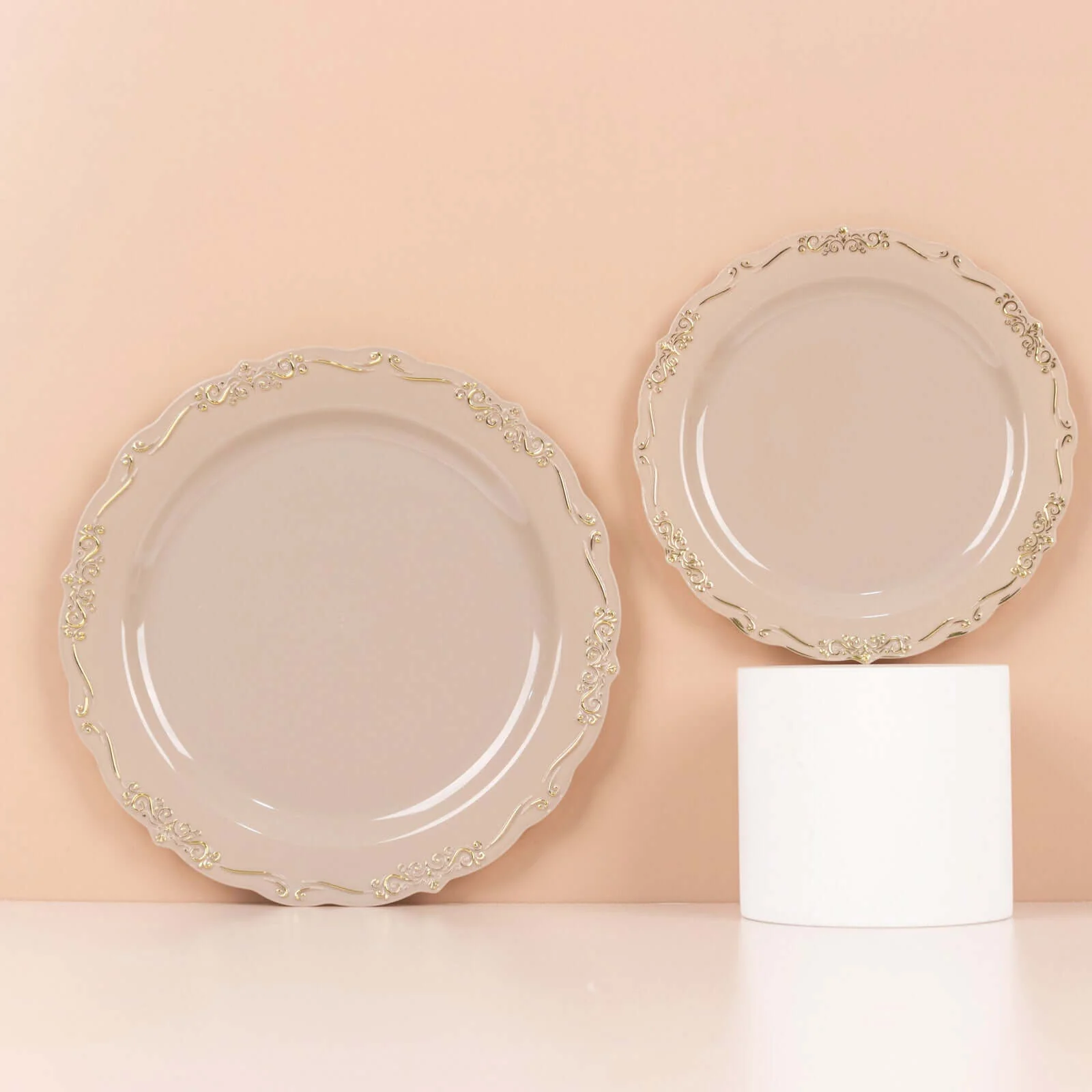 10-Pack Plastic Round Dessert Plates 7" Taupe with Gold Vintage Embossed Rim & Scalloped Edges - Sturdy Disposable Salad Plates - Image 13