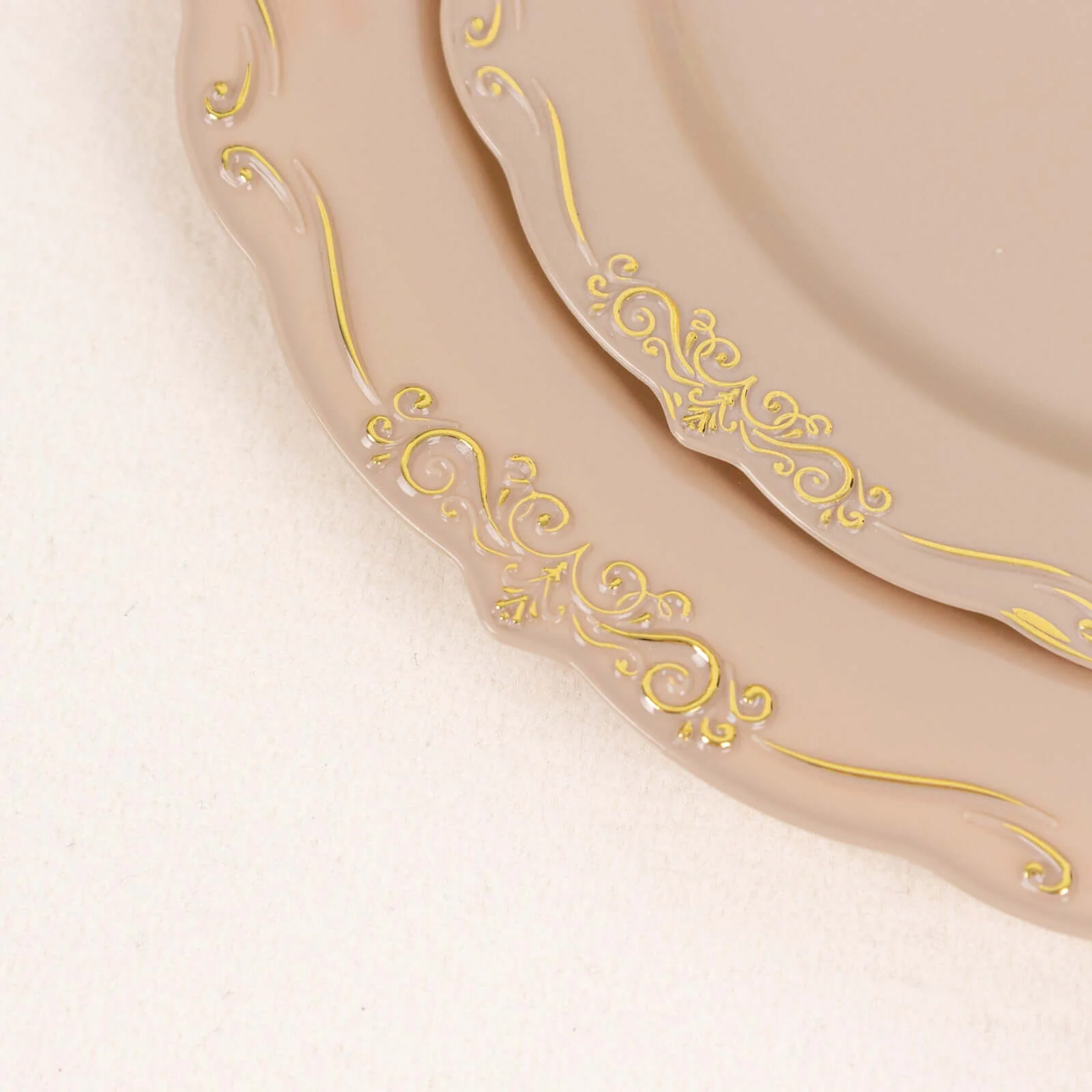 10-Pack Plastic Round Dessert Plates 7" Taupe with Gold Vintage Embossed Rim & Scalloped Edges - Sturdy Disposable Salad Plates - Image 14