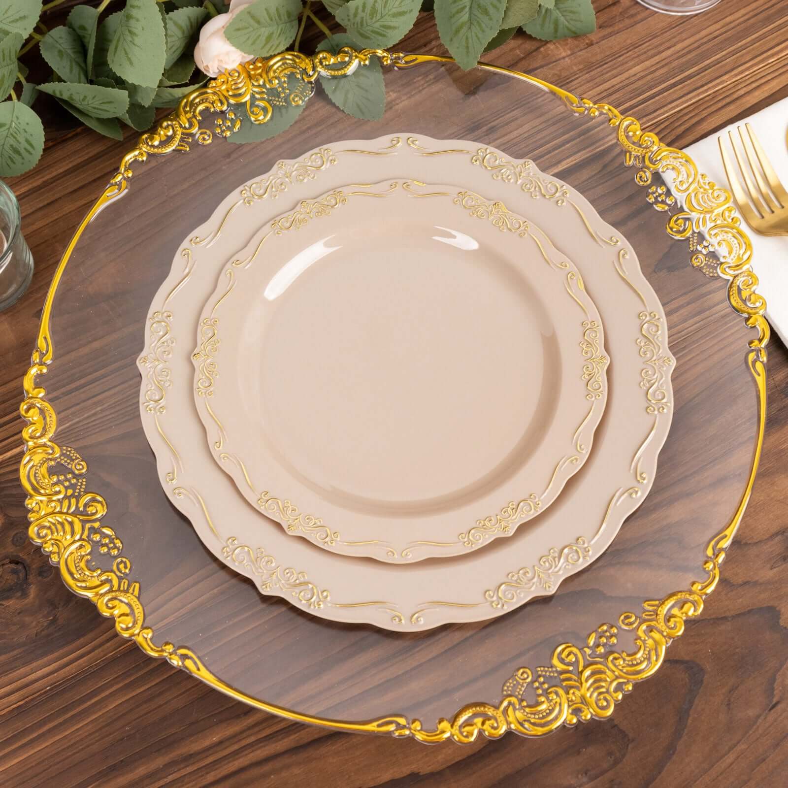 10-Pack Plastic Round Dessert Plates 7" Taupe with Gold Vintage Embossed Rim & Scalloped Edges - Sturdy Disposable Salad Plates - Image 2