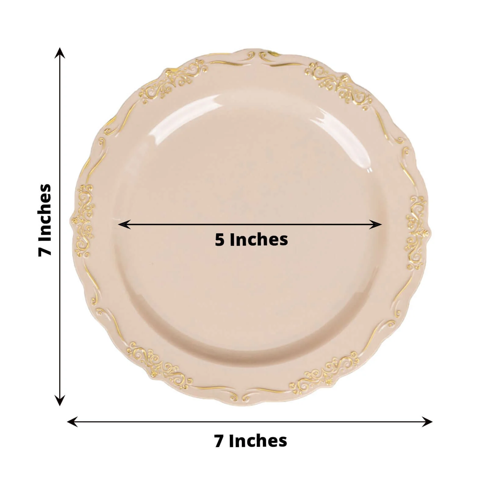 10-Pack Plastic Round Dessert Plates 7" Taupe with Gold Vintage Embossed Rim & Scalloped Edges - Sturdy Disposable Salad Plates - Image 3