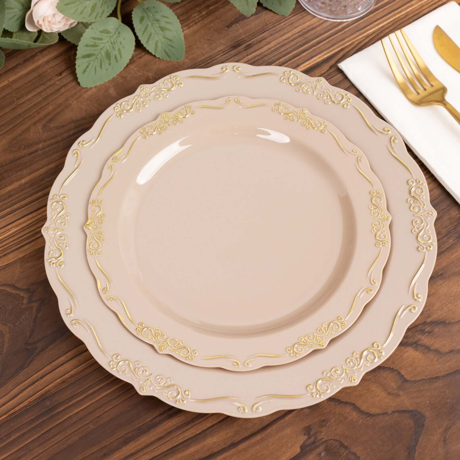 10-Pack Plastic Round Dessert Plates 7" Taupe with Gold Vintage Embossed Rim & Scalloped Edges - Sturdy Disposable Salad Plates - Image 4