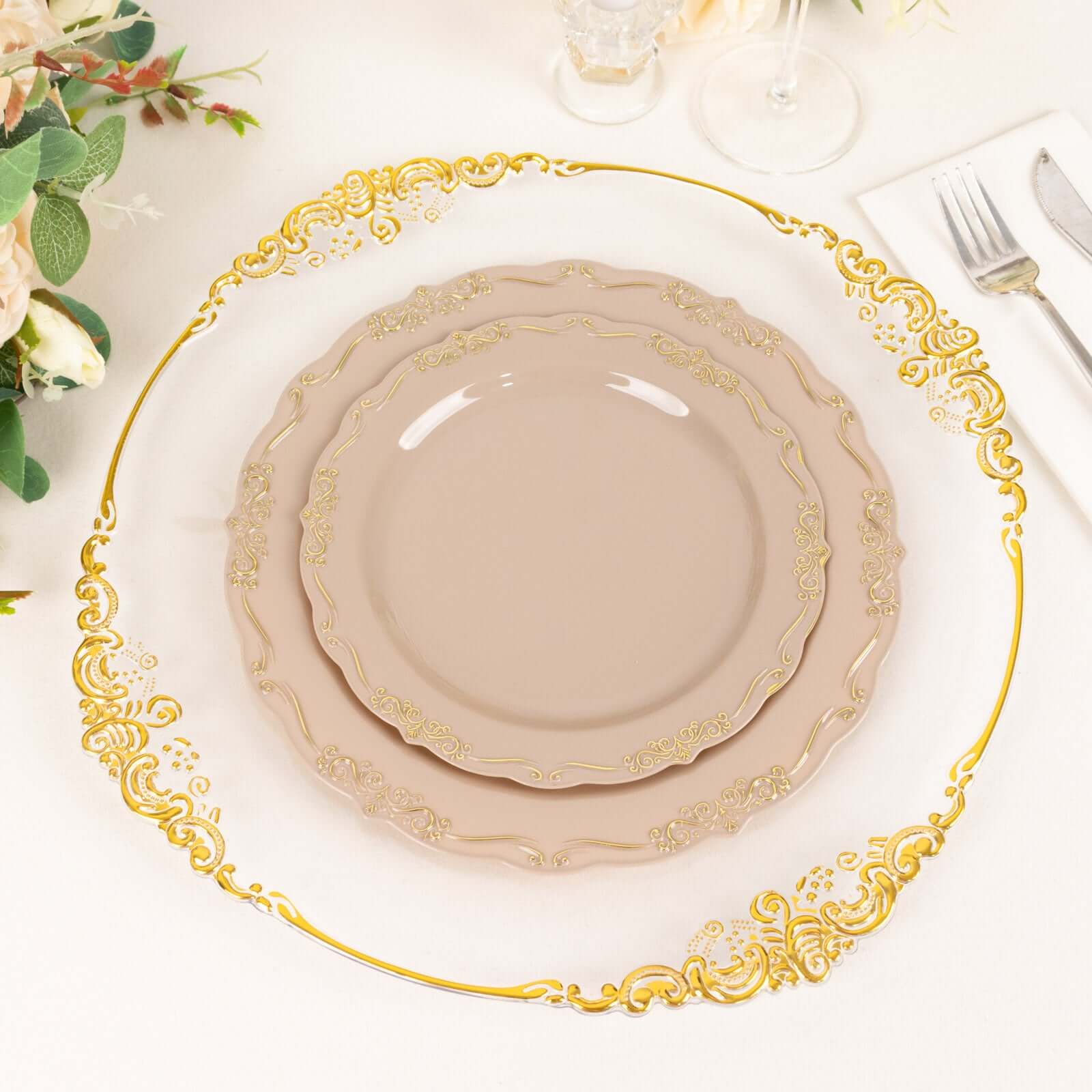 10-Pack Plastic Round Dessert Plates 7" Taupe with Gold Vintage Embossed Rim & Scalloped Edges - Sturdy Disposable Salad Plates - Image 5