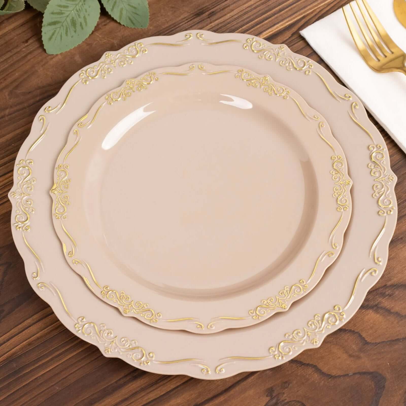 10-Pack Plastic Round Dessert Plates 7" Taupe with Gold Vintage Embossed Rim & Scalloped Edges - Sturdy Disposable Salad Plates - Image 6