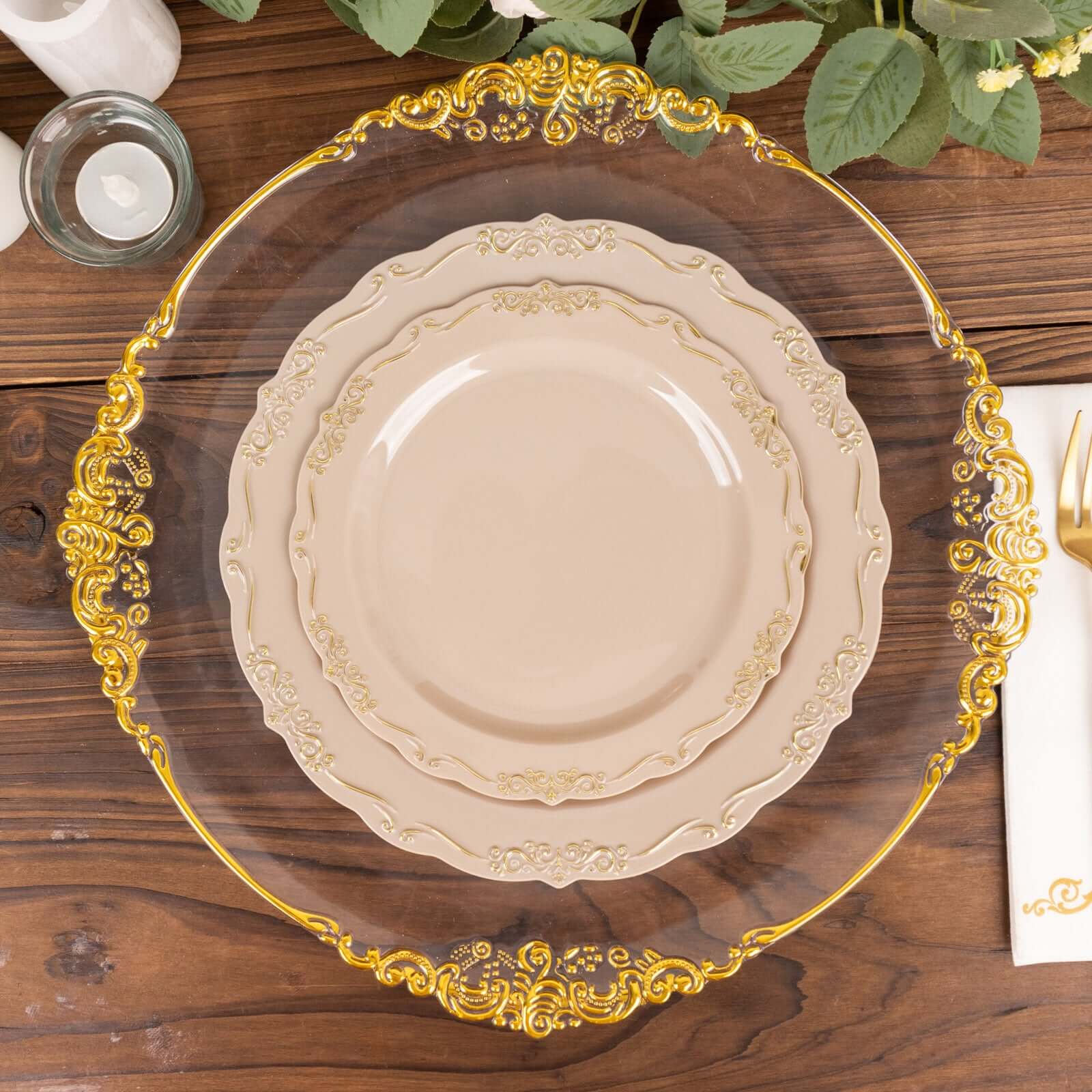 10-Pack Plastic Round Dessert Plates 7" Taupe with Gold Vintage Embossed Rim & Scalloped Edges - Sturdy Disposable Salad Plates - Image 8