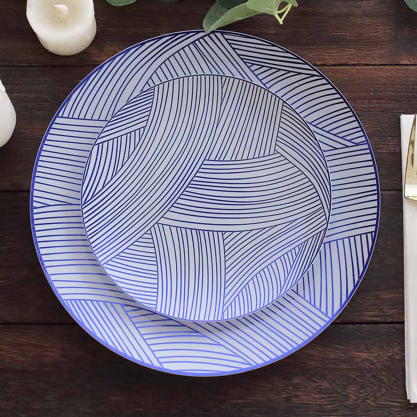 10-Pack Plastic Round Dessert Plates 7" White with Blue Wave Brush Strokes Pattern - Disposable Appetizer Salad Plates - Image 6