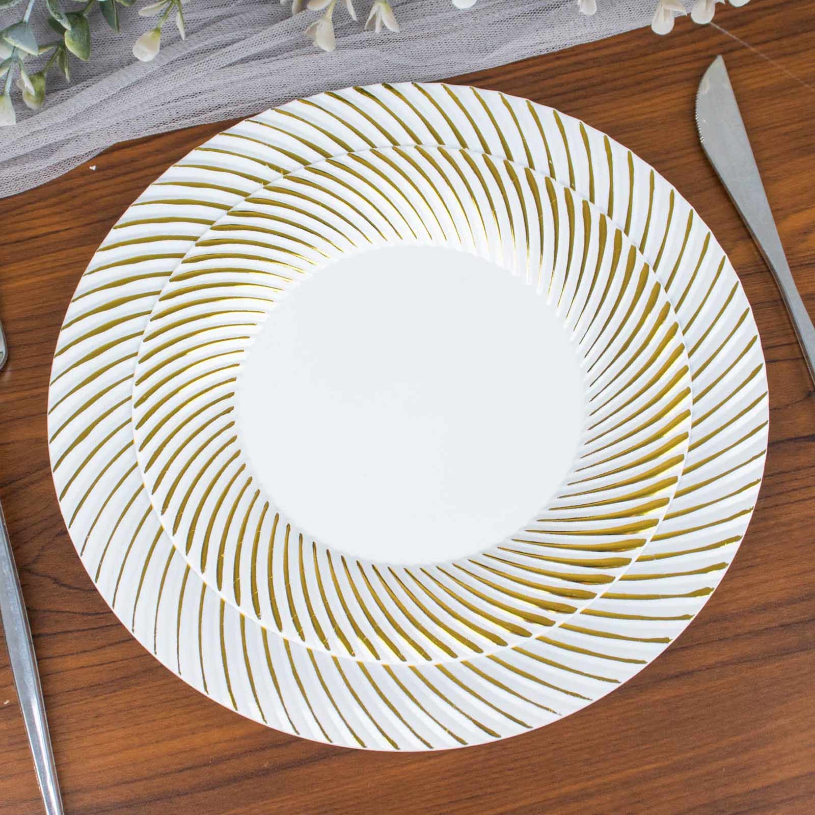 10-Pack Plastic Round Dessert Plates 7" White with Gold Swirl Rim - Disposable Salad Plates for Sophisticated Events & Celebrations