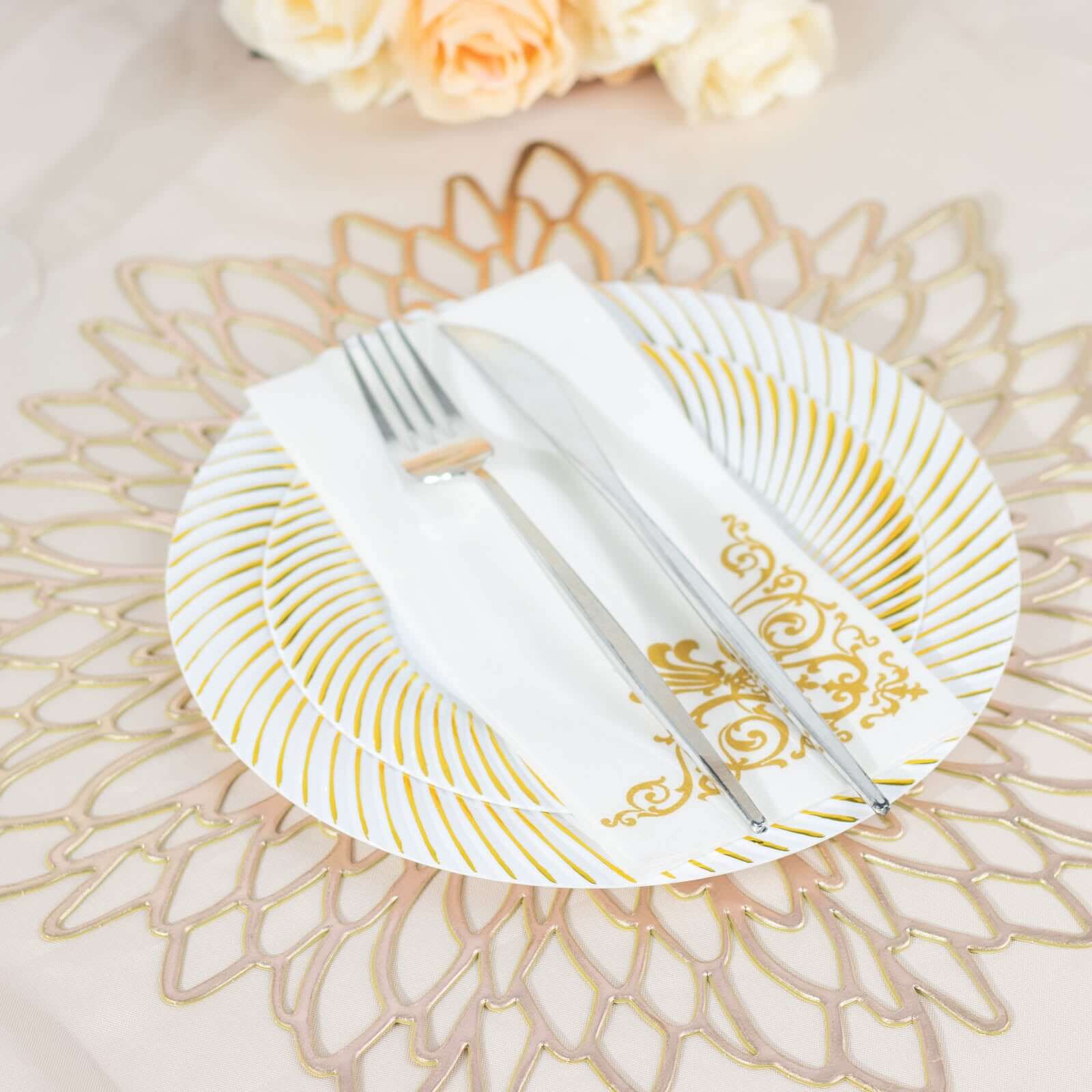 10-Pack Plastic Round Dessert Plates 7" White with Gold Swirl Rim - Disposable Salad Plates for Sophisticated Events & Celebrations - Image 10
