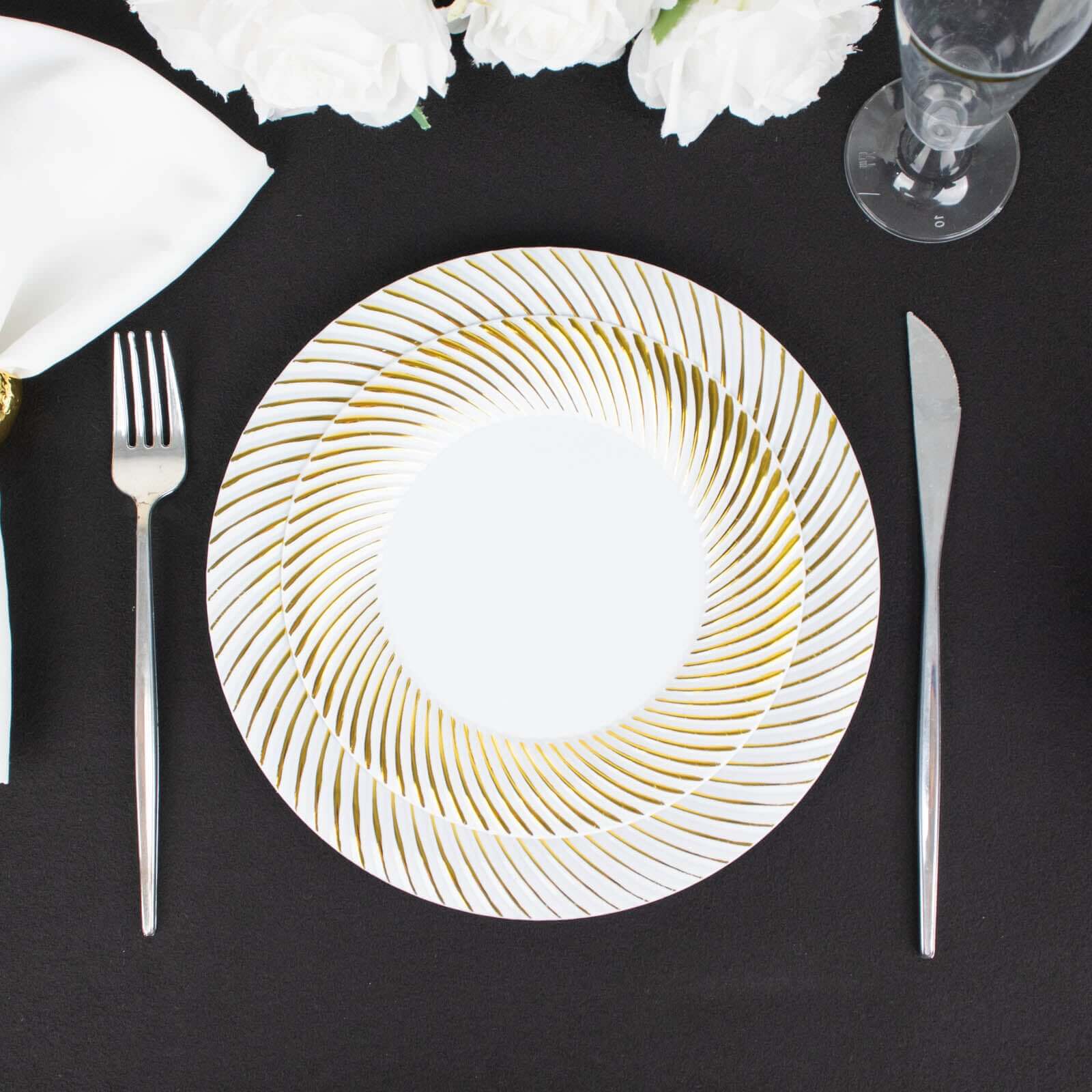 10-Pack Plastic Round Dessert Plates 7" White with Gold Swirl Rim - Disposable Salad Plates for Sophisticated Events & Celebrations - Image 11