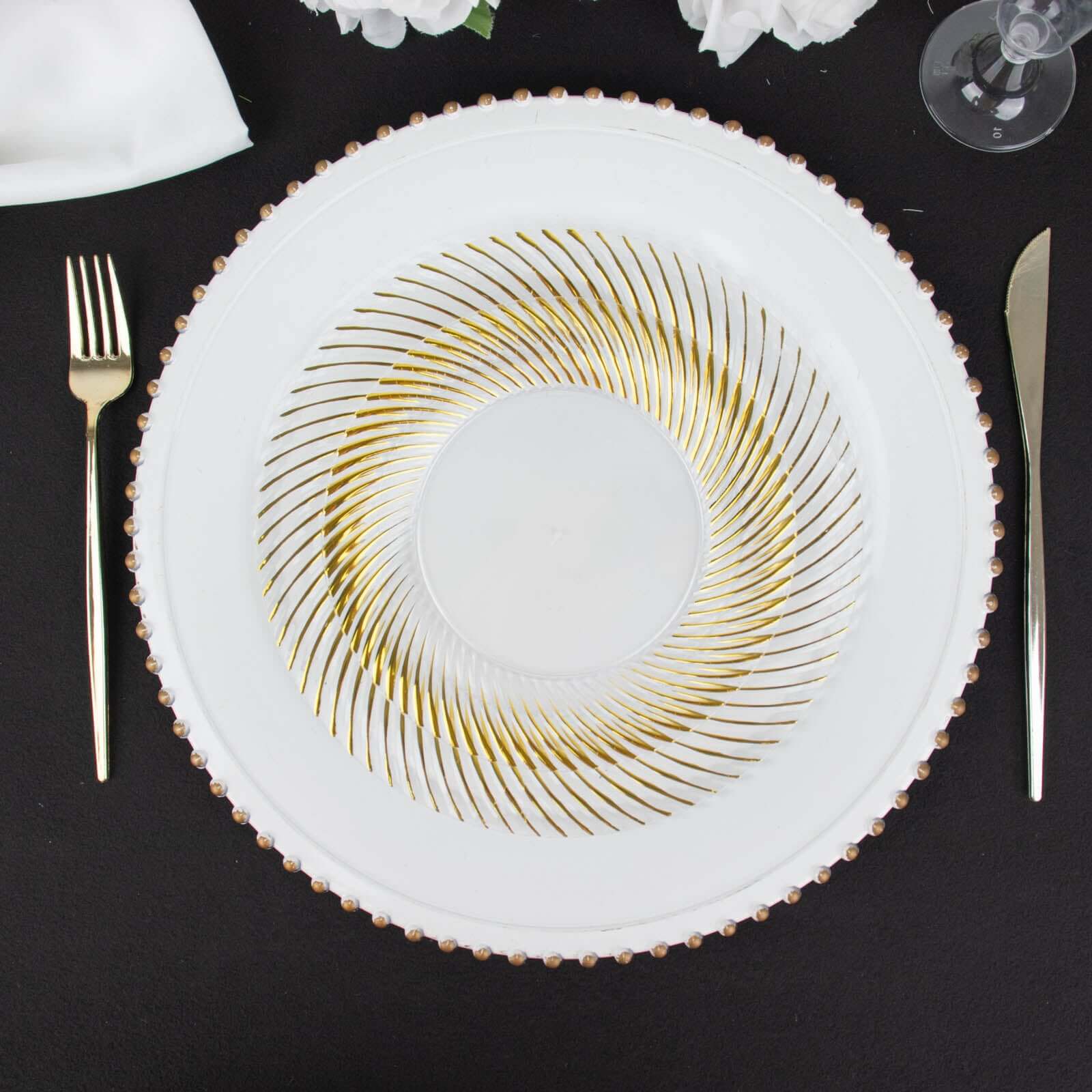 10-Pack Plastic Round Dessert Plates 7" White with Gold Swirl Rim - Disposable Salad Plates for Sophisticated Events & Celebrations - Image 12
