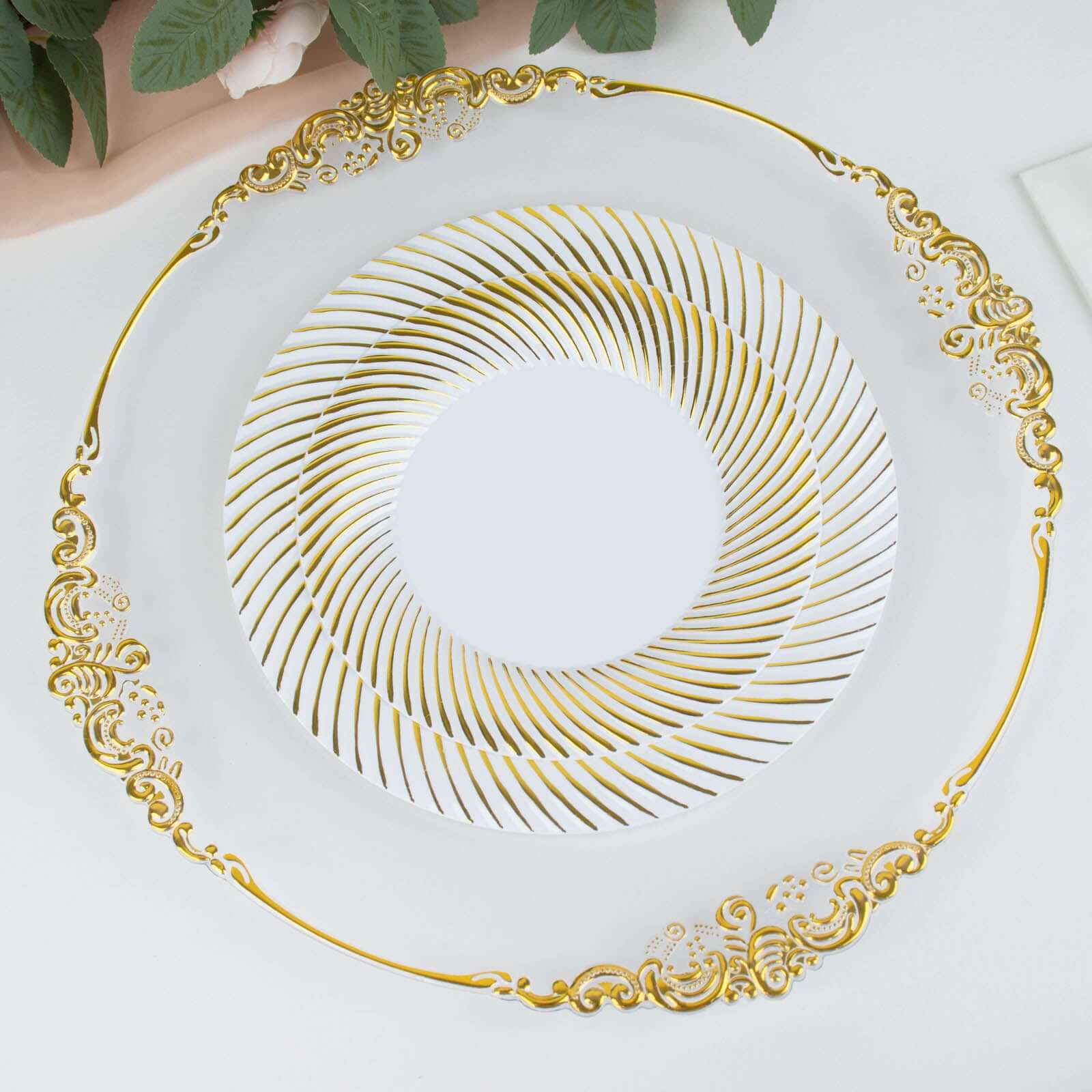 10-Pack Plastic Round Dessert Plates 7" White with Gold Swirl Rim - Disposable Salad Plates for Sophisticated Events & Celebrations - Image 13