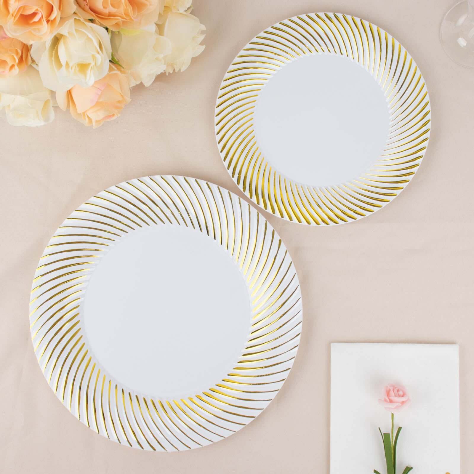 10-Pack Plastic Round Dessert Plates 7" White with Gold Swirl Rim - Disposable Salad Plates for Sophisticated Events & Celebrations - Image 15
