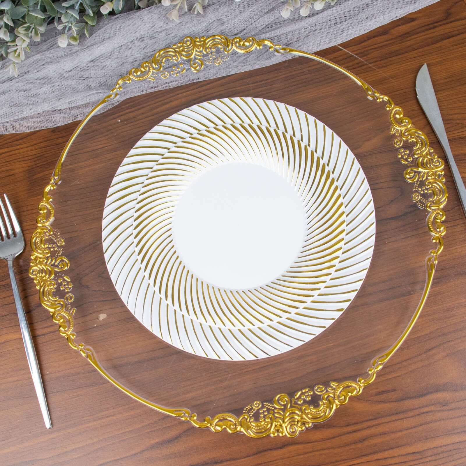 10-Pack Plastic Round Dessert Plates 7" White with Gold Swirl Rim - Disposable Salad Plates for Sophisticated Events & Celebrations - Image 16