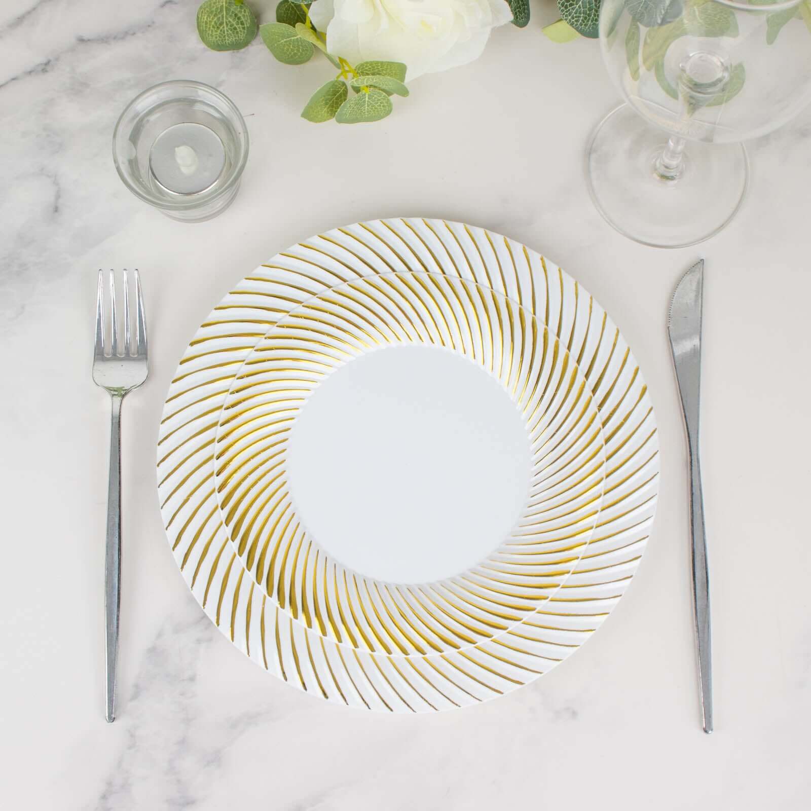 10-Pack Plastic Round Dessert Plates 7" White with Gold Swirl Rim - Disposable Salad Plates for Sophisticated Events & Celebrations - Image 17