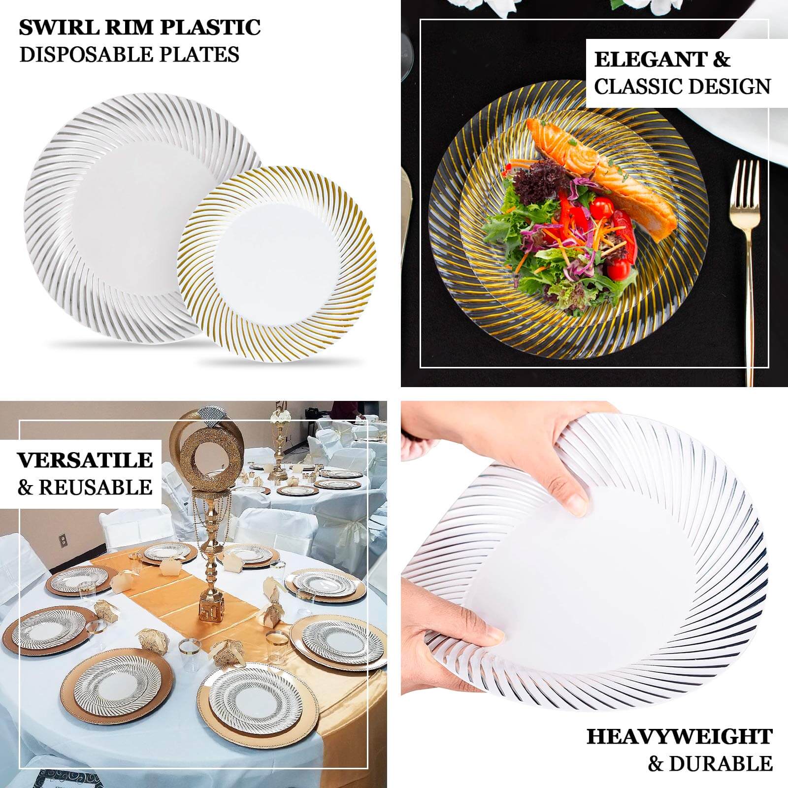 10-Pack Plastic Round Dessert Plates 7" White with Gold Swirl Rim - Disposable Salad Plates for Sophisticated Events & Celebrations - Image 4