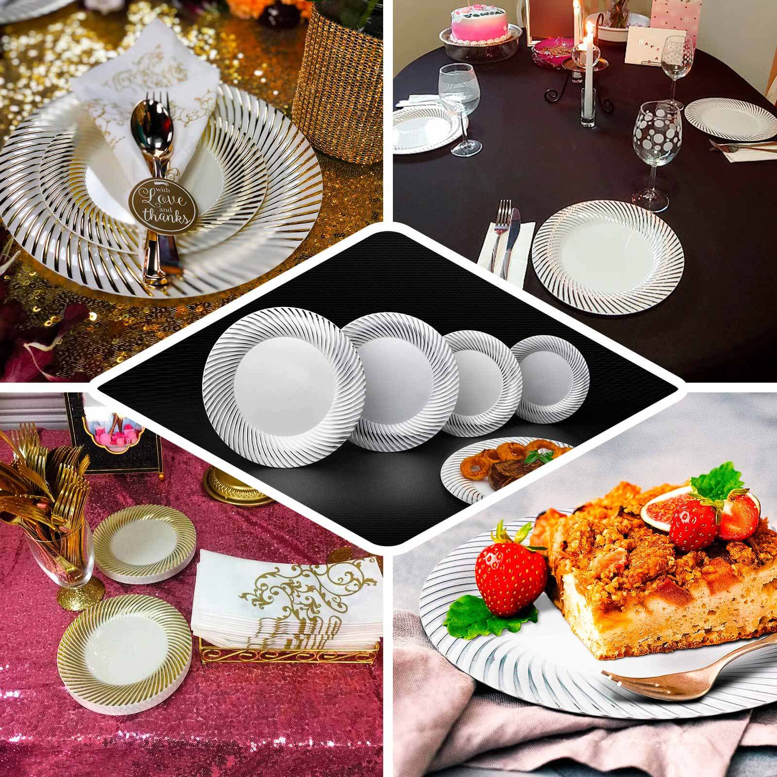 10-Pack Plastic Round Dessert Plates 7" White with Gold Swirl Rim - Disposable Salad Plates for Sophisticated Events & Celebrations - Image 5