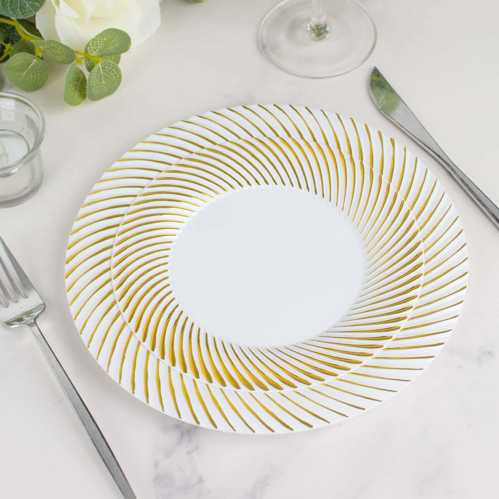 10-Pack Plastic Round Dessert Plates 7" White with Gold Swirl Rim - Disposable Salad Plates for Sophisticated Events & Celebrations - Image 8