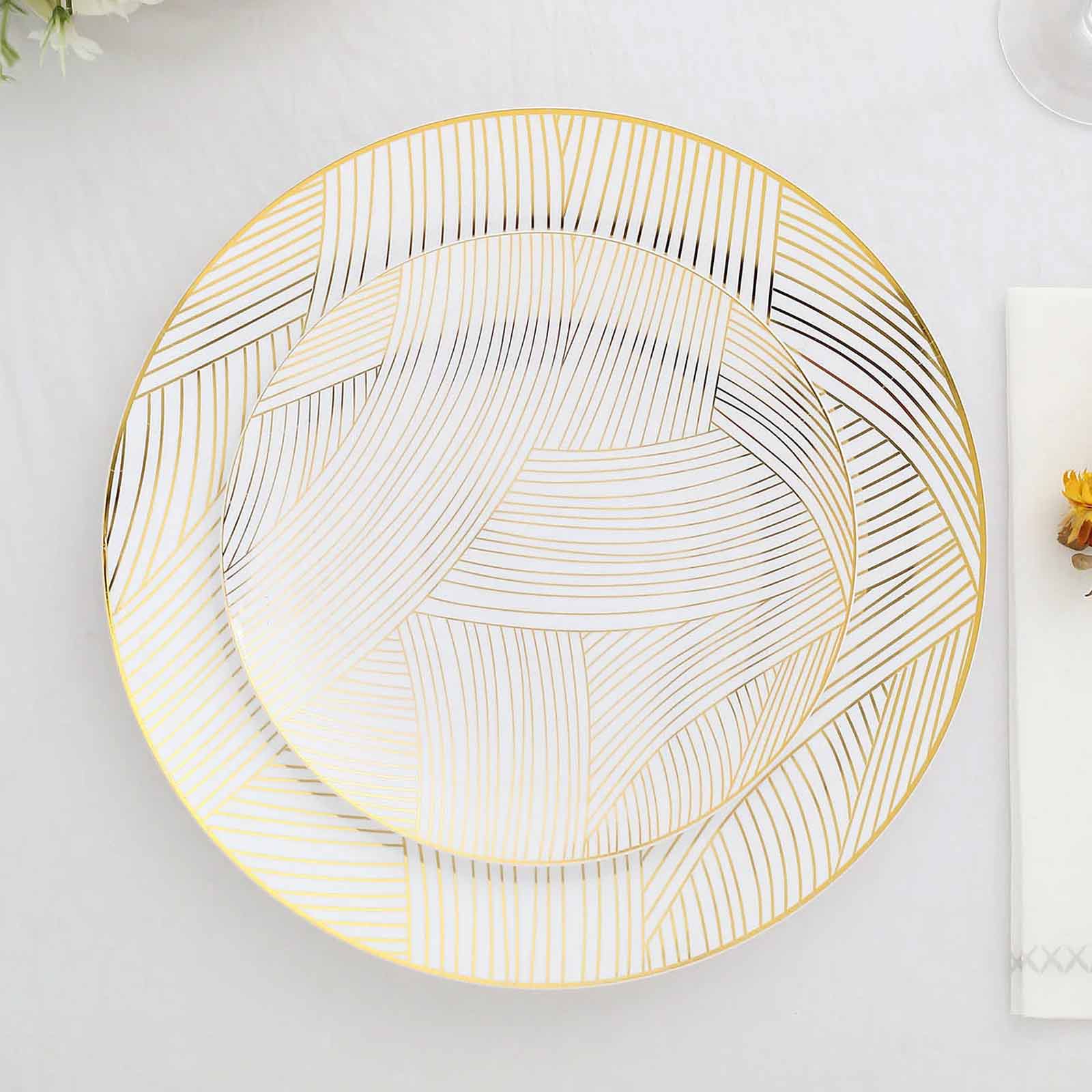 10-Pack Plastic Round Dessert Plates 7" White with Gold Wave Brush Strokes Pattern - Disposable Appetizer Salad Plates for Modern & Sophisticated Tablescape