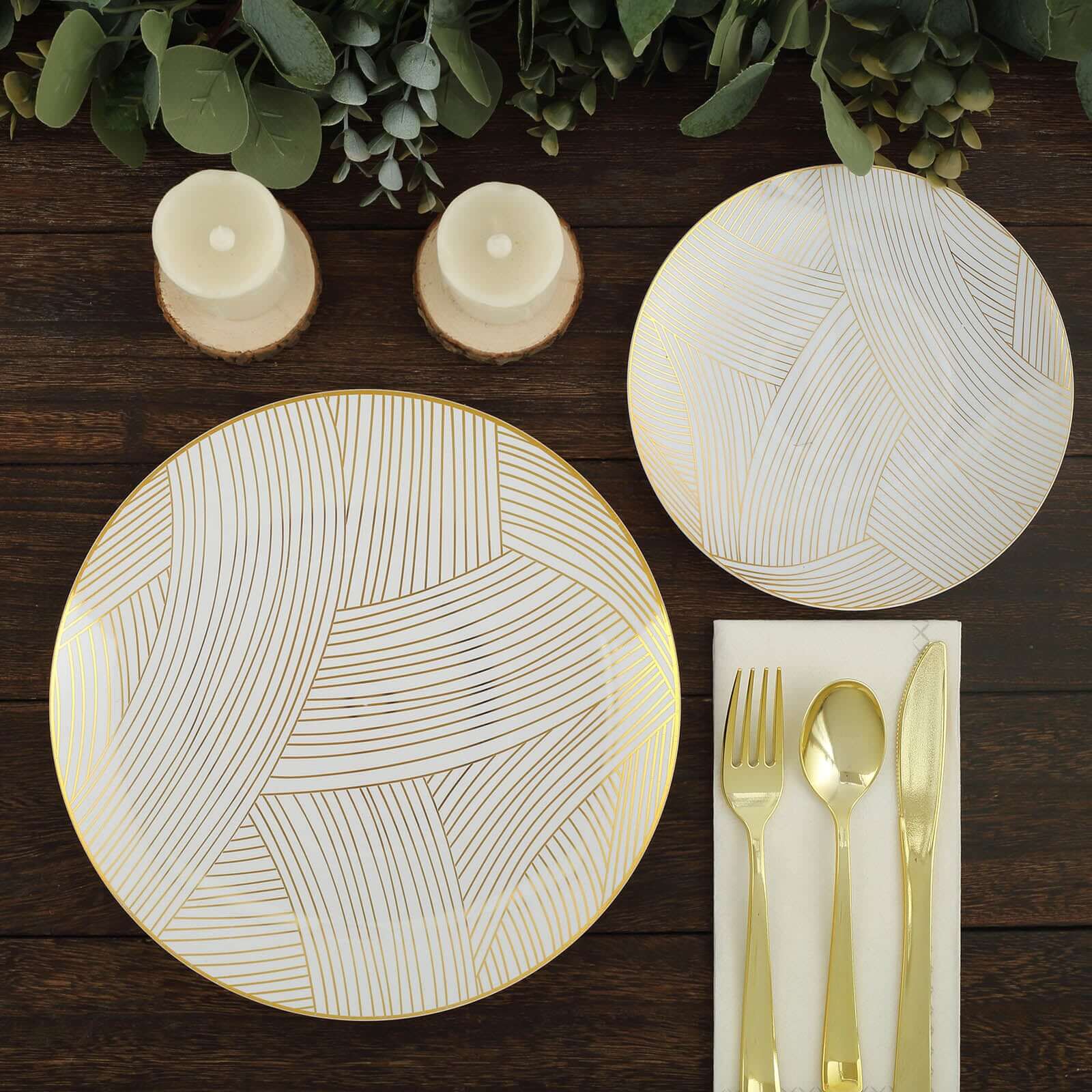 10-Pack Plastic Round Dessert Plates 7" White with Gold Wave Brush Strokes Pattern - Disposable Appetizer Salad Plates for Modern & Sophisticated Tablescape - Image 10