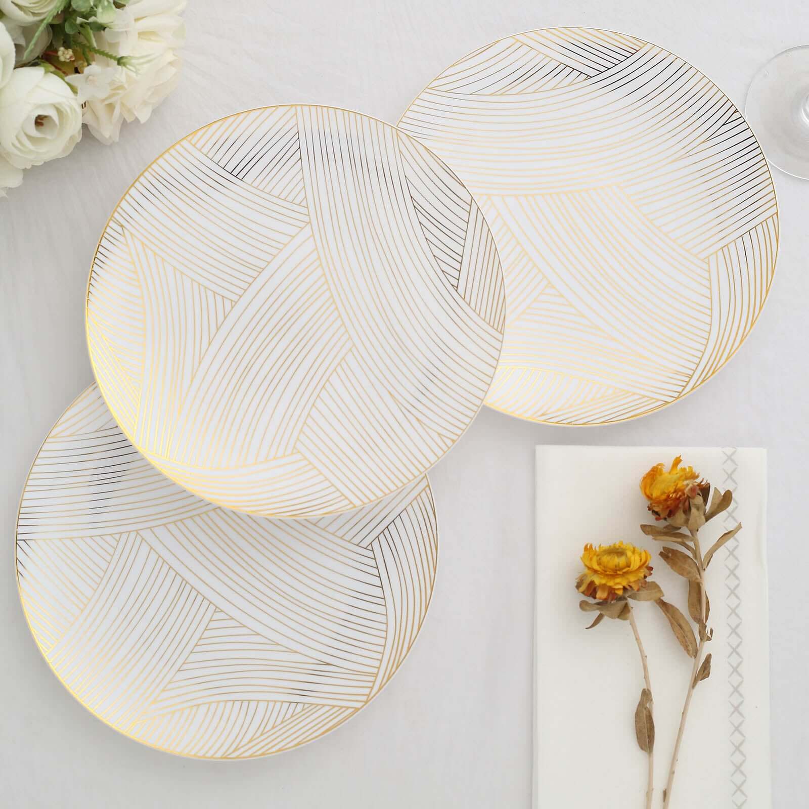10-Pack Plastic Round Dessert Plates 7" White with Gold Wave Brush Strokes Pattern - Disposable Appetizer Salad Plates for Modern & Sophisticated Tablescape - Image 11