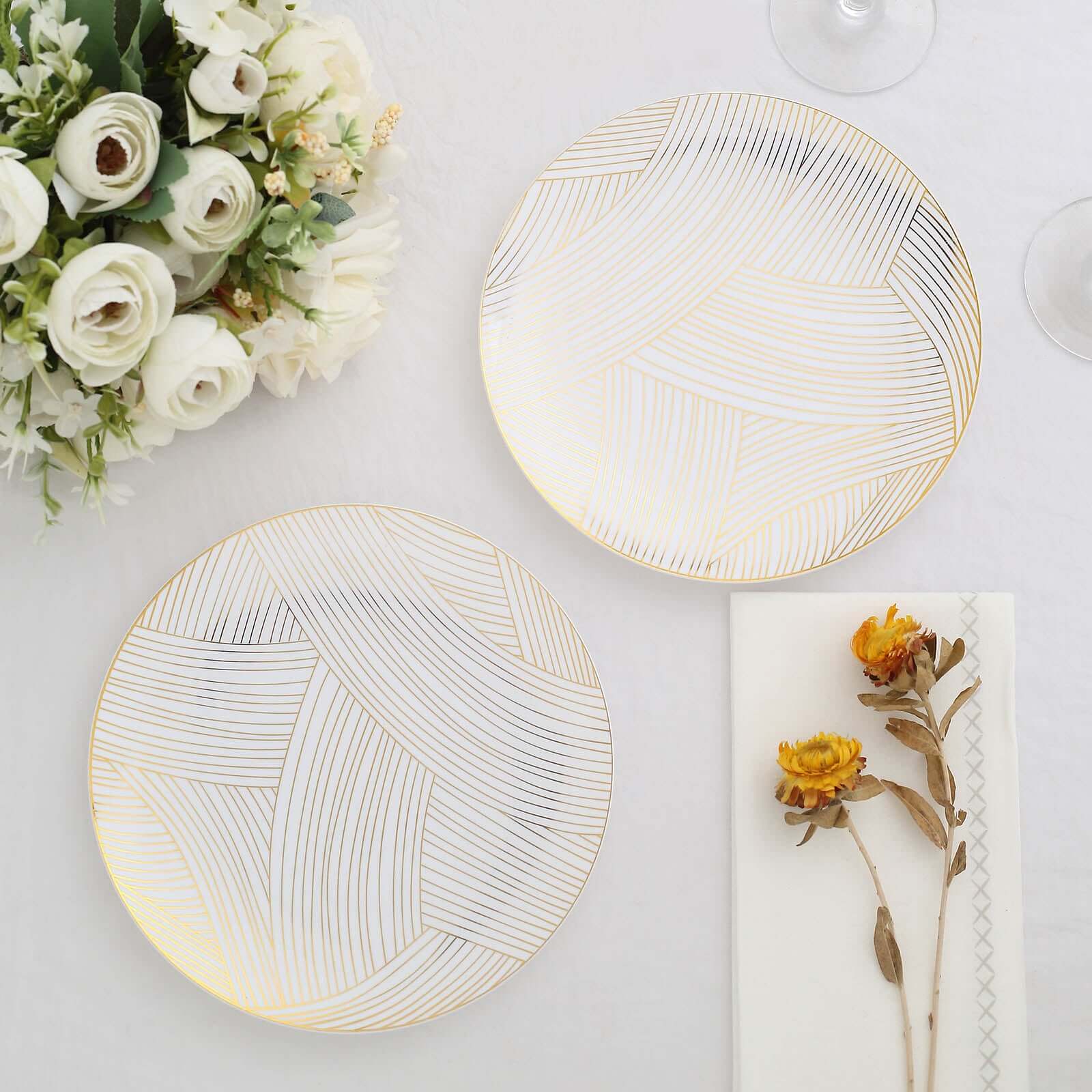 10-Pack Plastic Round Dessert Plates 7" White with Gold Wave Brush Strokes Pattern - Disposable Appetizer Salad Plates for Modern & Sophisticated Tablescape - Image 12