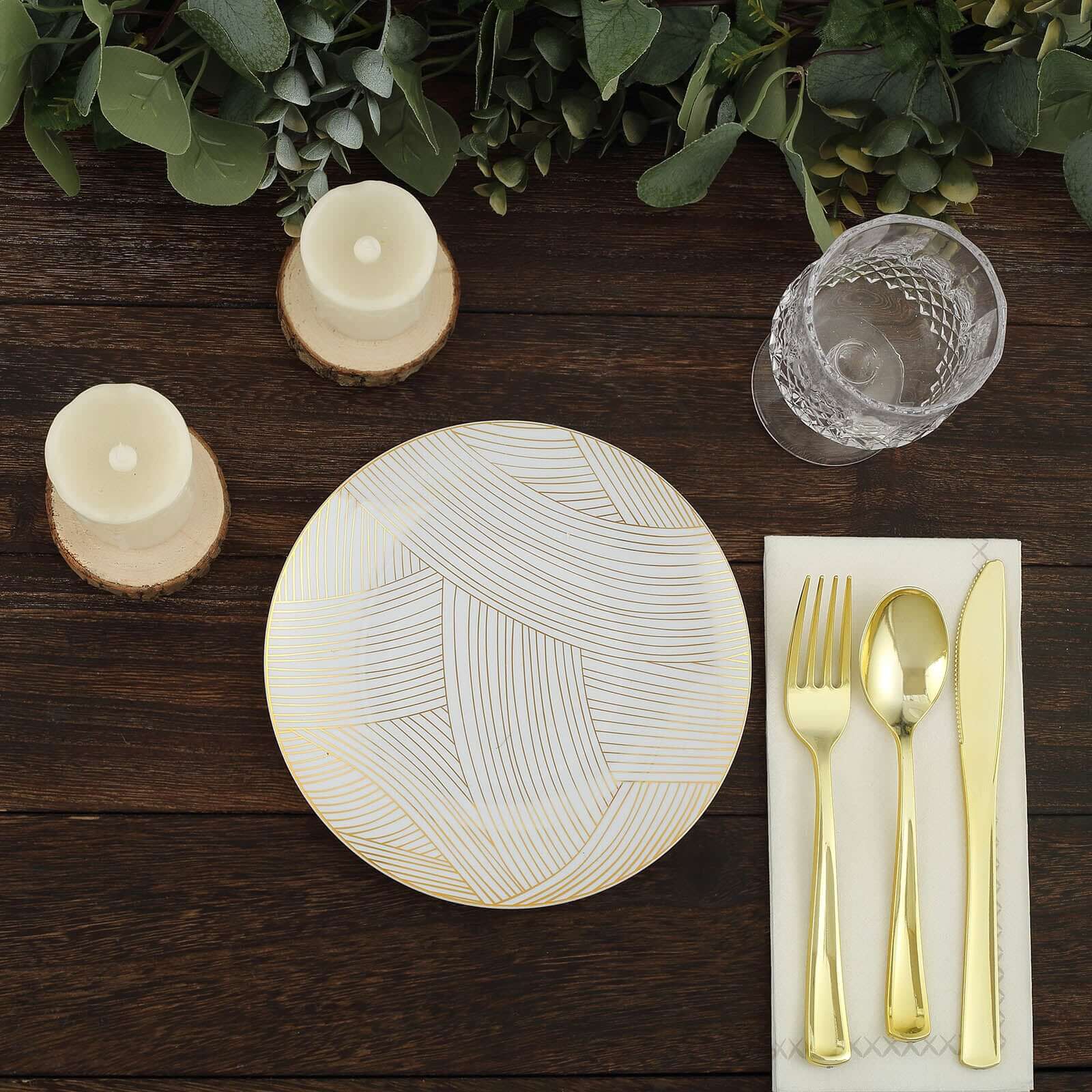 10-Pack Plastic Round Dessert Plates 7" White with Gold Wave Brush Strokes Pattern - Disposable Appetizer Salad Plates for Modern & Sophisticated Tablescape - Image 5