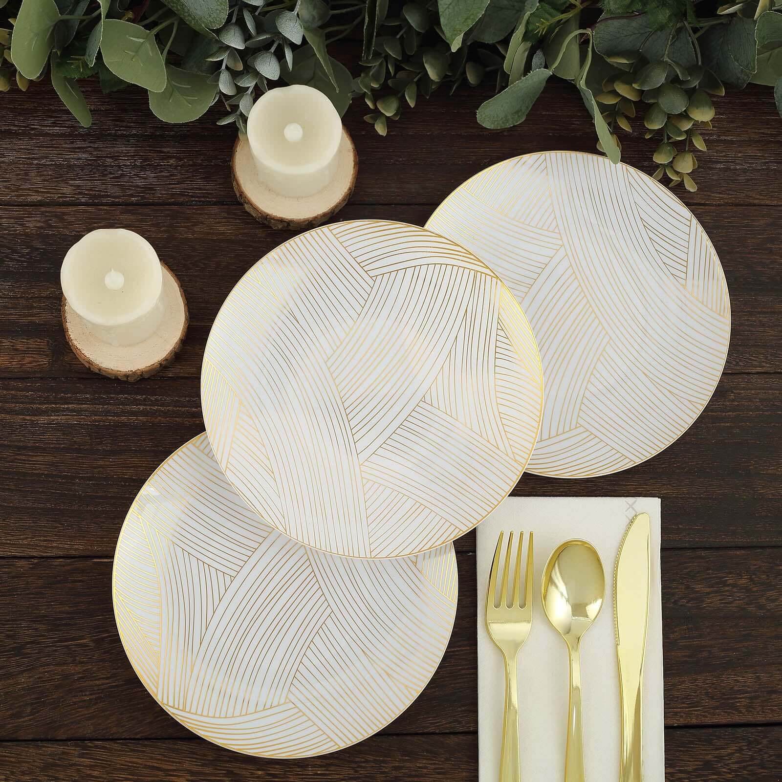 10-Pack Plastic Round Dessert Plates 7" White with Gold Wave Brush Strokes Pattern - Disposable Appetizer Salad Plates for Modern & Sophisticated Tablescape - Image 6