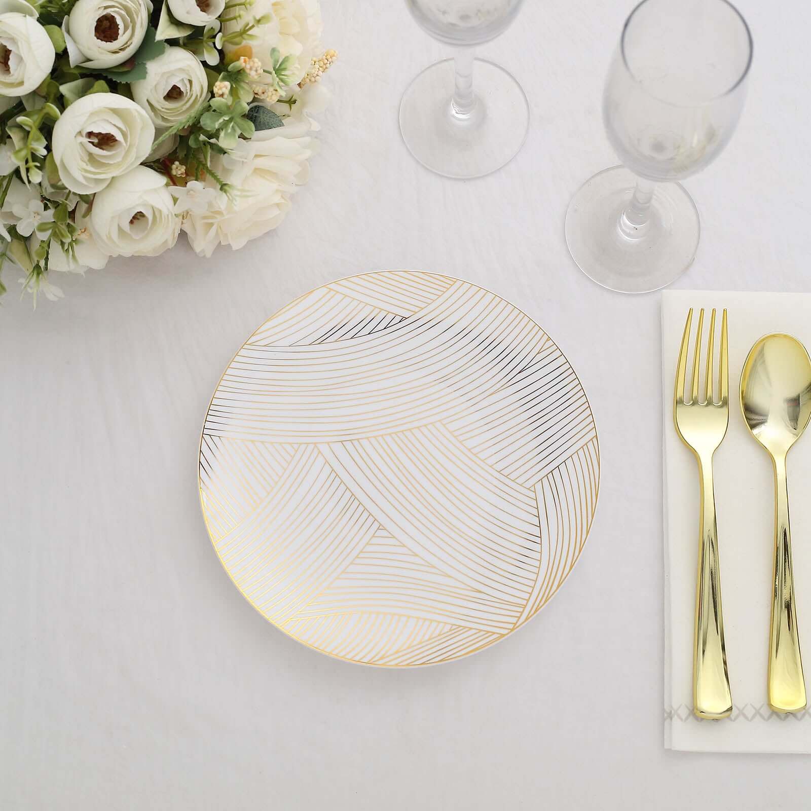 10-Pack Plastic Round Dessert Plates 7" White with Gold Wave Brush Strokes Pattern - Disposable Appetizer Salad Plates for Modern & Sophisticated Tablescape - Image 8
