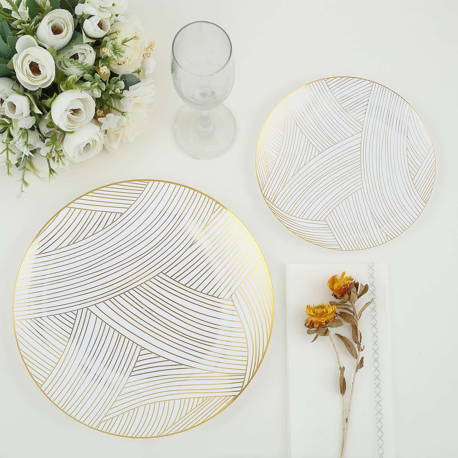 10-Pack Plastic Round Dessert Plates 7" White with Gold Wave Brush Strokes Pattern - Disposable Appetizer Salad Plates for Modern & Sophisticated Tablescape - Image 9