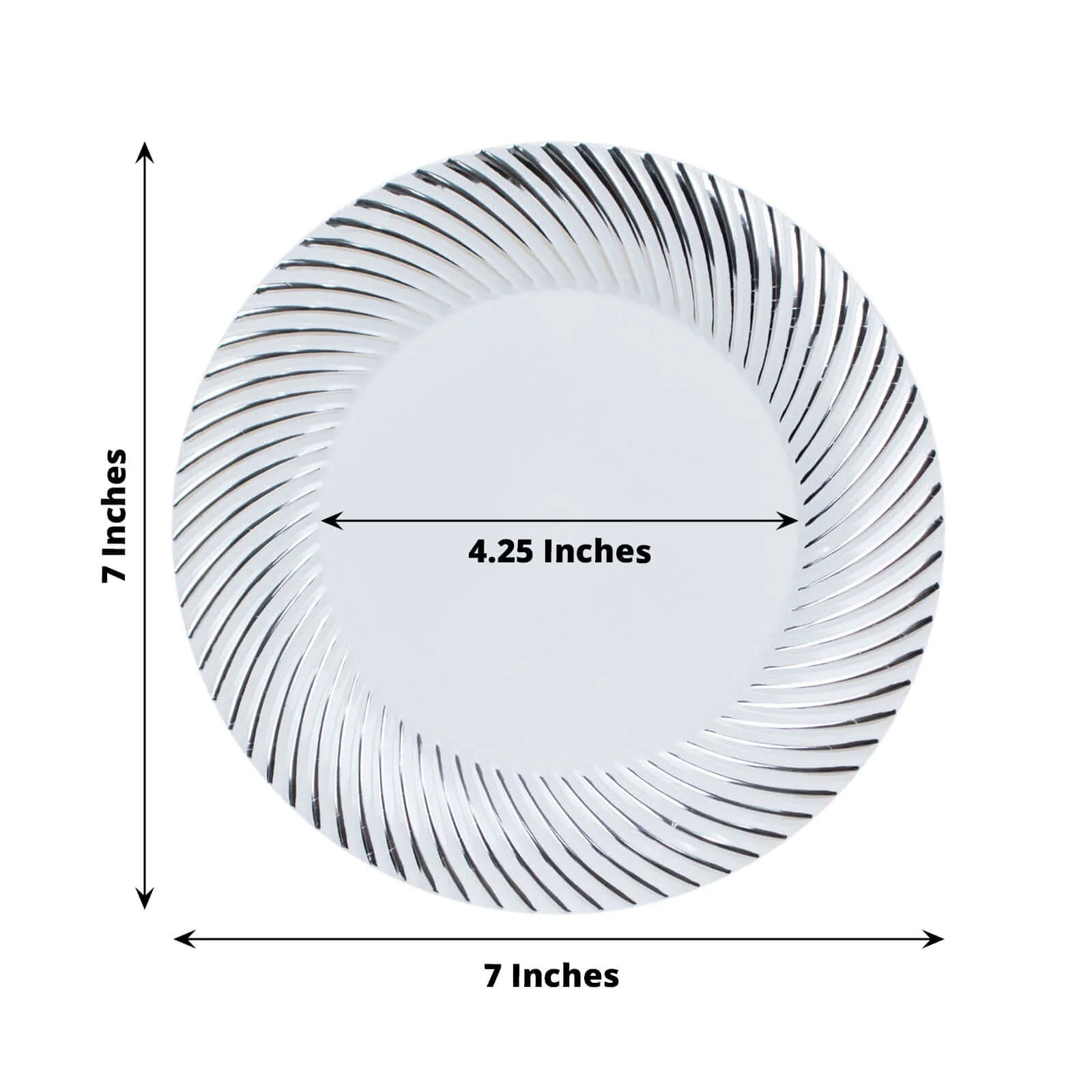 10-Pack Plastic Round Dessert Plates 7" White with Silver Swirl Rim - Disposable Salad Plates - Image 3