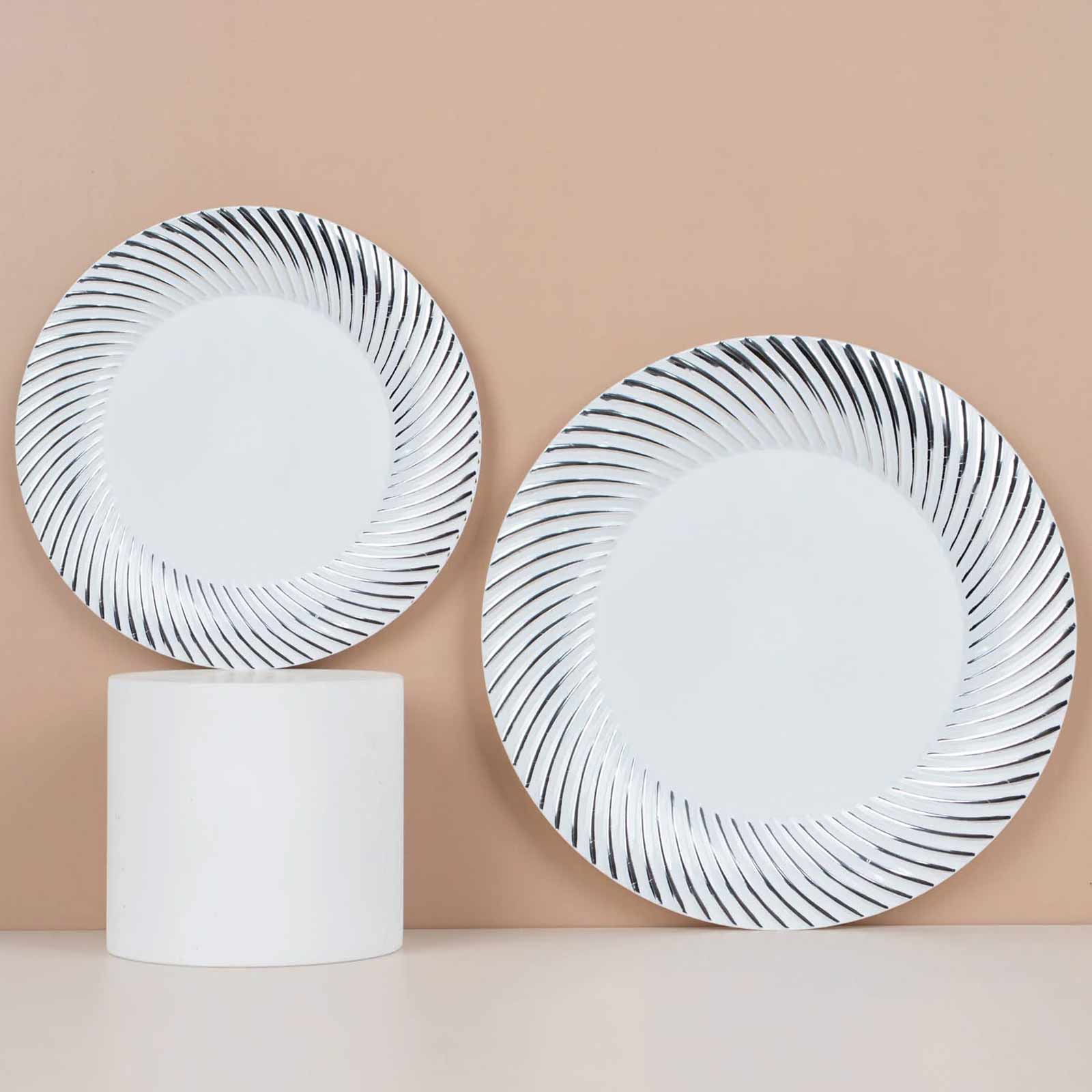 10-Pack Plastic Round Dessert Plates 7" White with Silver Swirl Rim - Disposable Salad Plates - Image 6