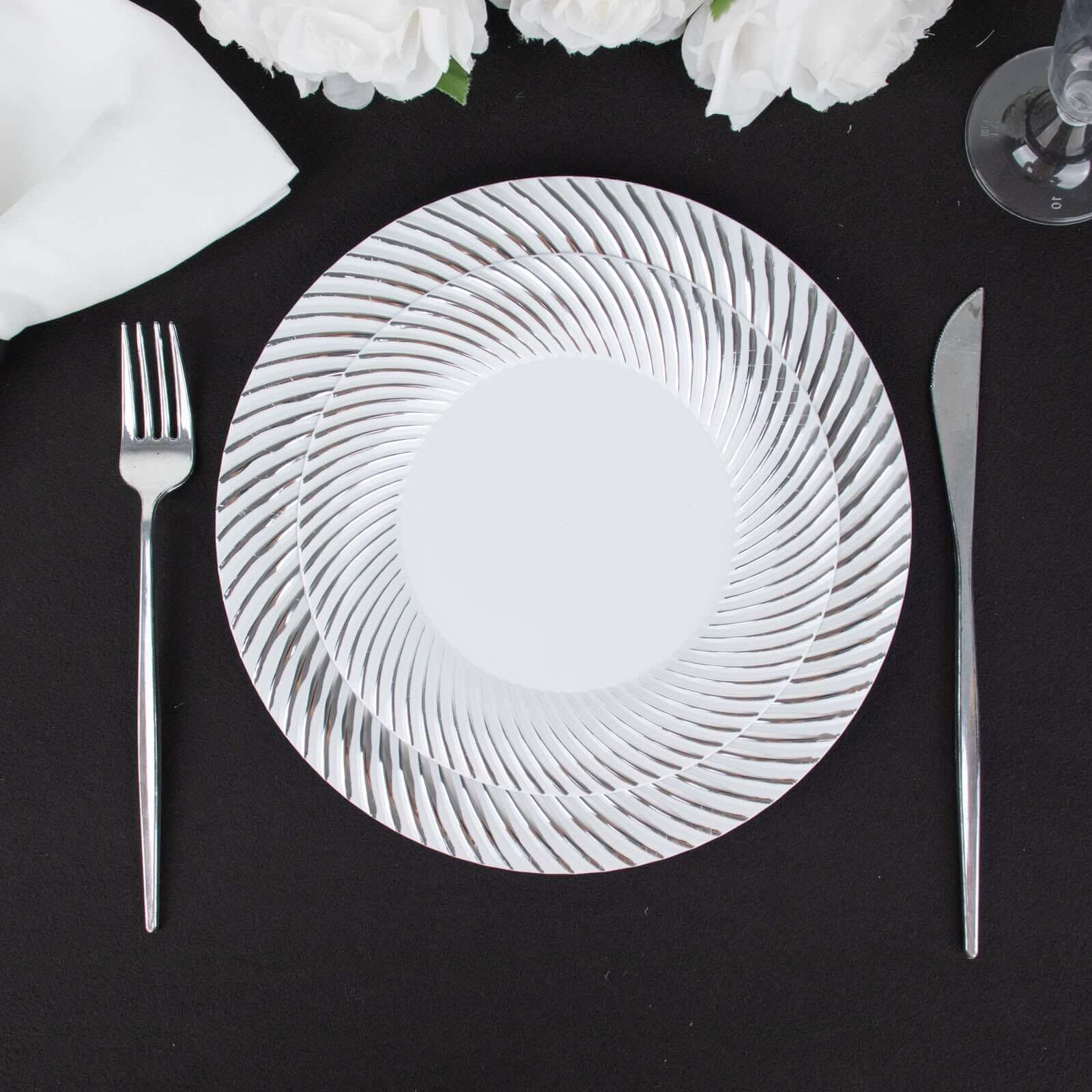 10-Pack Plastic Round Dessert Plates 7" White with Silver Swirl Rim - Disposable Salad Plates - Image 9