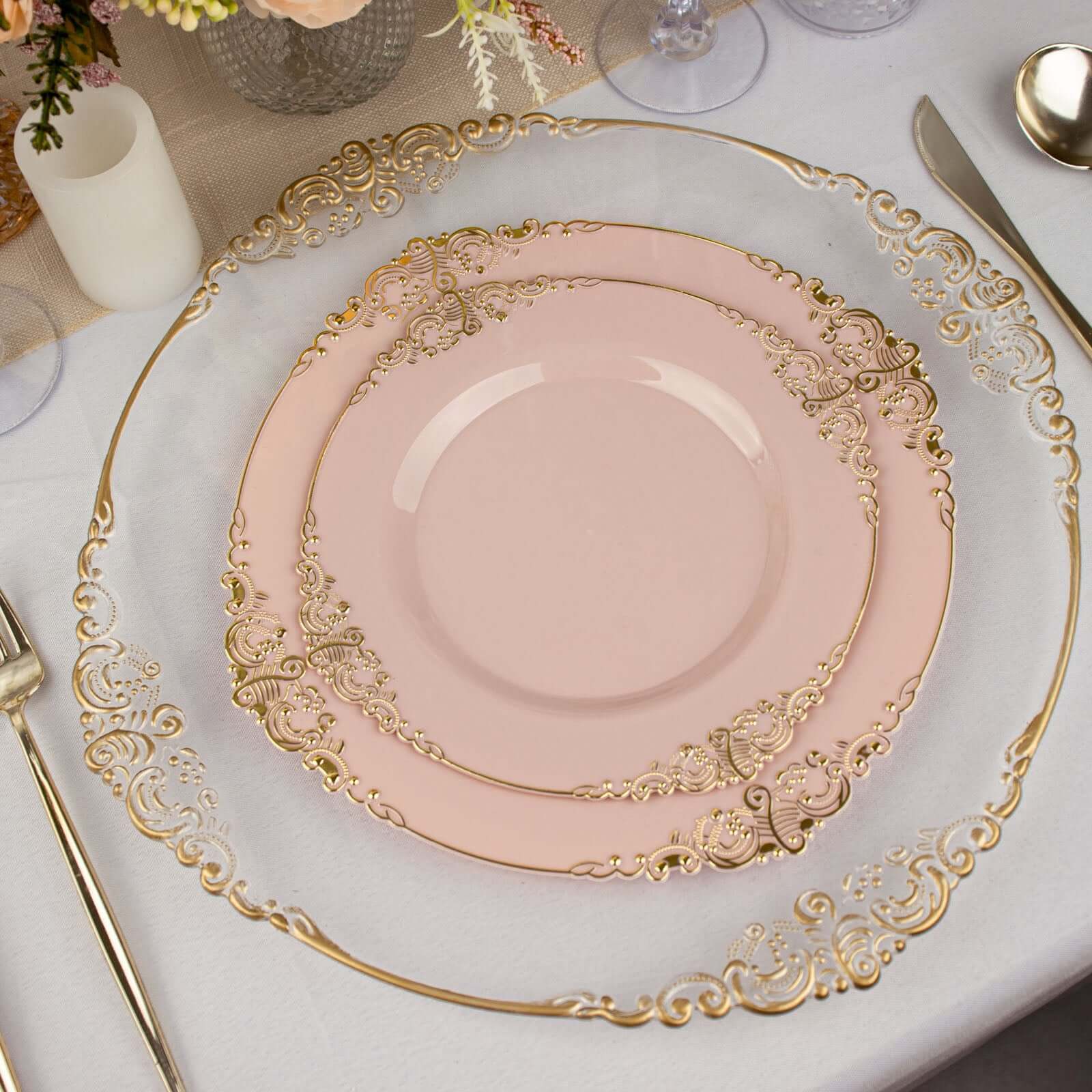10-Pack Plastic Round Dessert Plates 8" Blush with Gold Leaf Embossed Rim - Vintage Baroque Style Disposable Salad Plates - Image 2