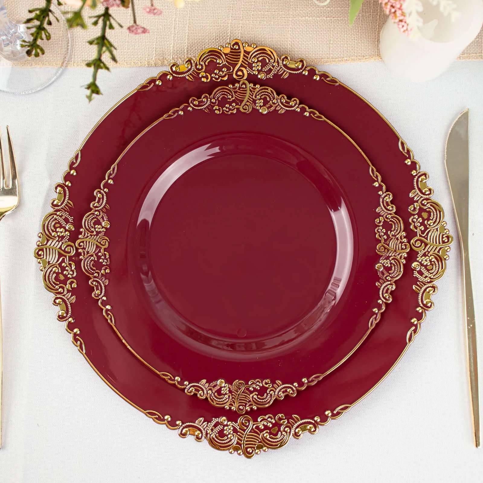 10-Pack Plastic Round Dessert Plates 8" Burgundy with Gold Leaf Embossed Rim - Vintage Baroque Style Disposable Salad Plates - Image 2