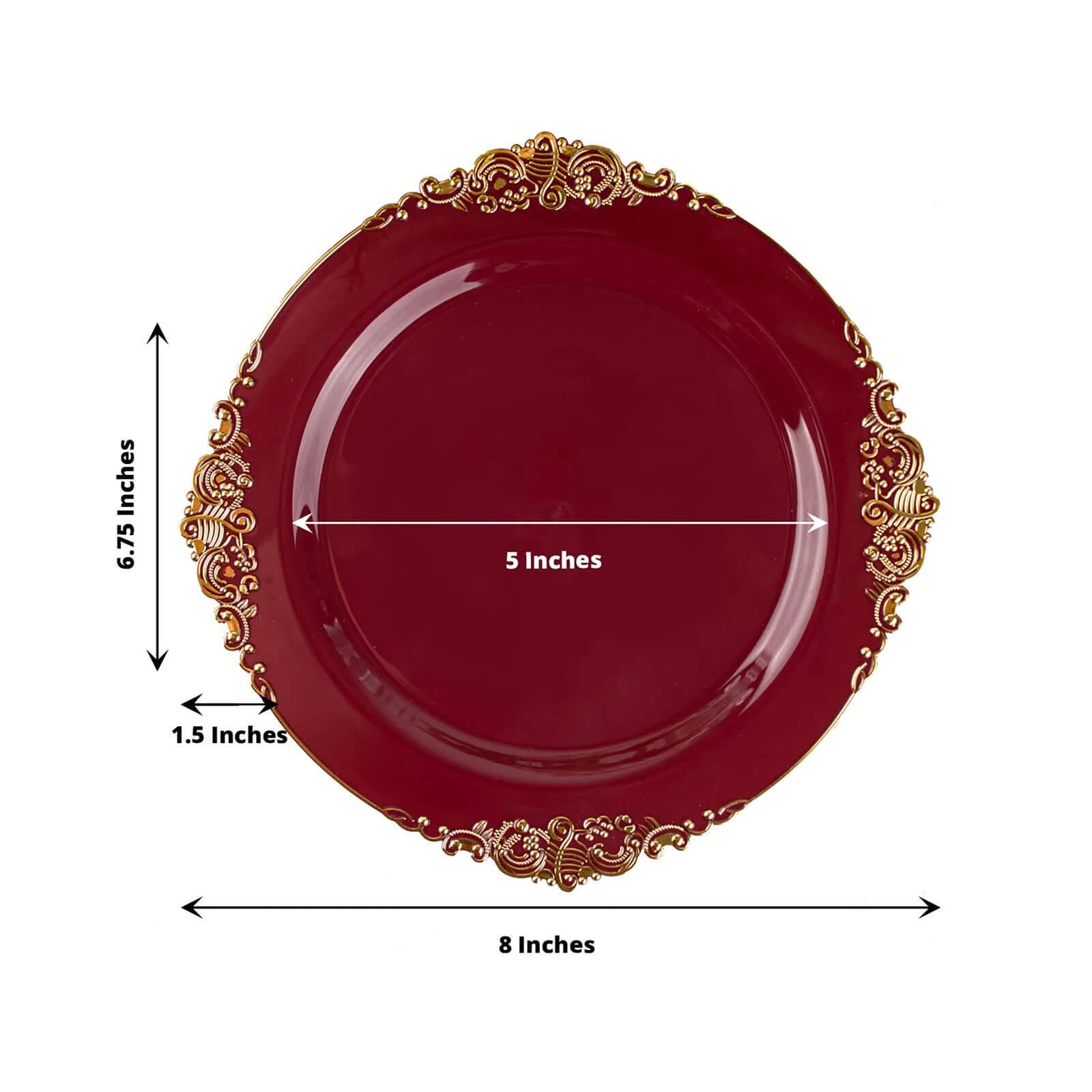 10-Pack Plastic Round Dessert Plates 8" Burgundy with Gold Leaf Embossed Rim - Vintage Baroque Style Disposable Salad Plates - Image 3