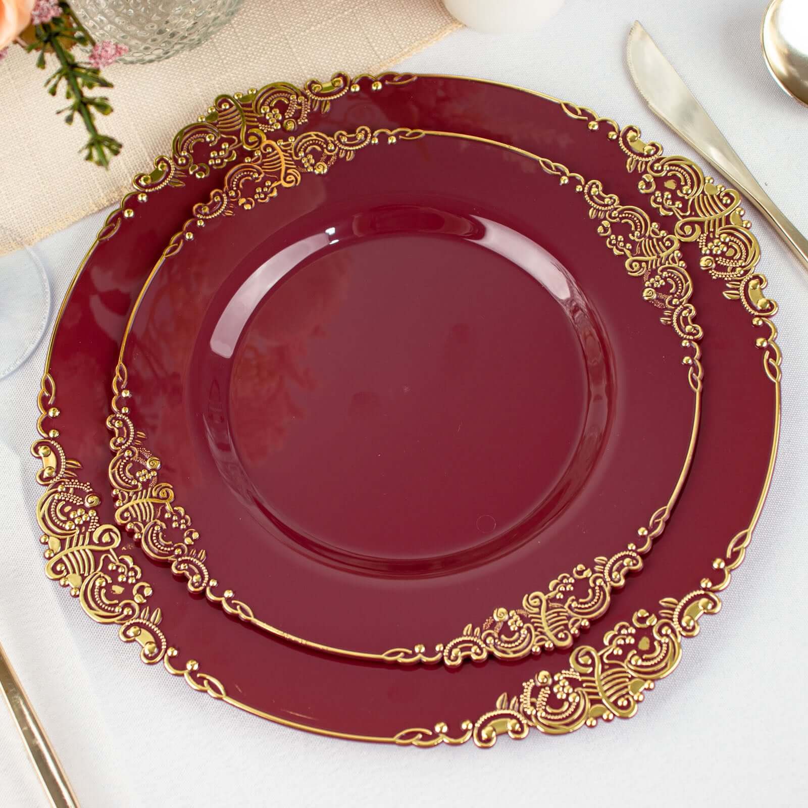 10-Pack Plastic Round Dessert Plates 8" Burgundy with Gold Leaf Embossed Rim - Vintage Baroque Style Disposable Salad Plates - Image 6
