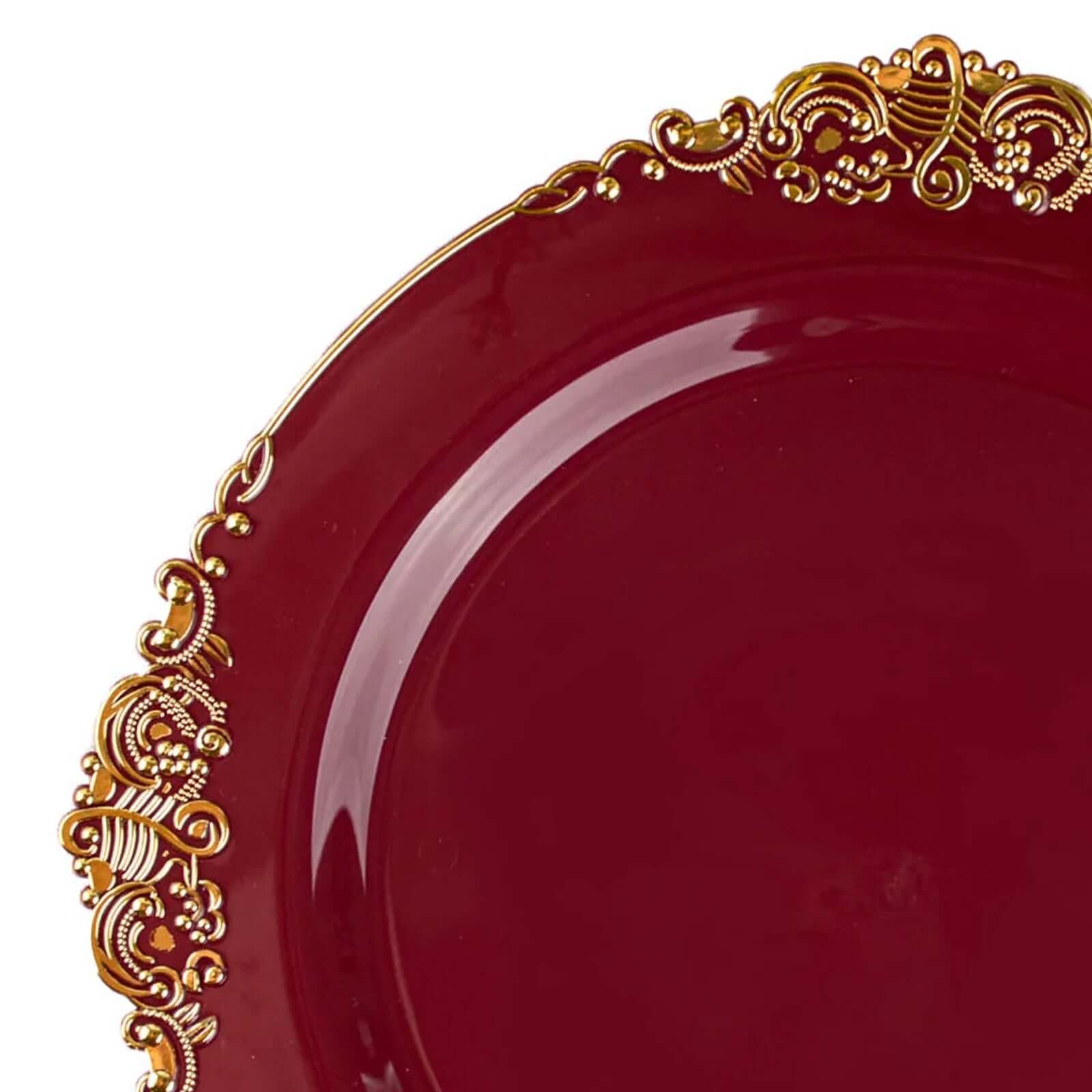 10-Pack Plastic Round Dessert Plates 8" Burgundy with Gold Leaf Embossed Rim - Vintage Baroque Style Disposable Salad Plates - Image 8