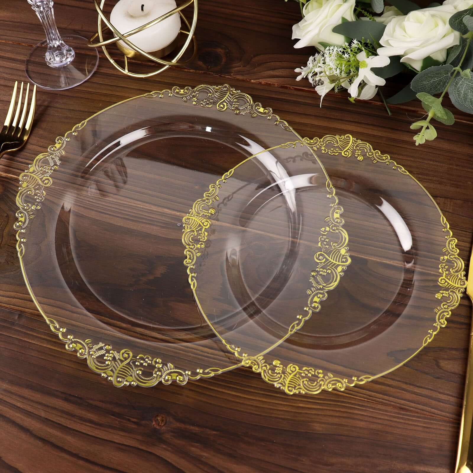 10-Pack Plastic Round Dessert Plates 8" Clear with Gold Leaf Embossed Rim - Vintage Baroque Style Disposable Salad Plates - Image 6