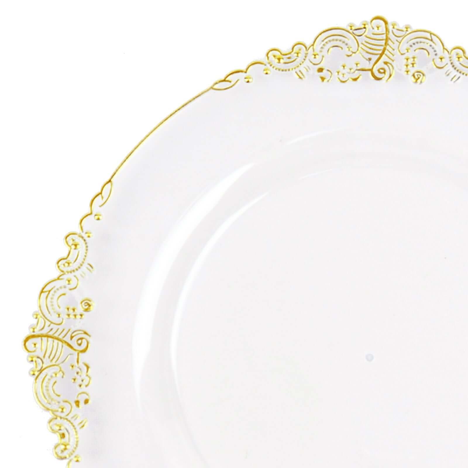 10-Pack Plastic Round Dessert Plates 8" Clear with Gold Leaf Embossed Rim - Vintage Baroque Style Disposable Salad Plates - Image 8