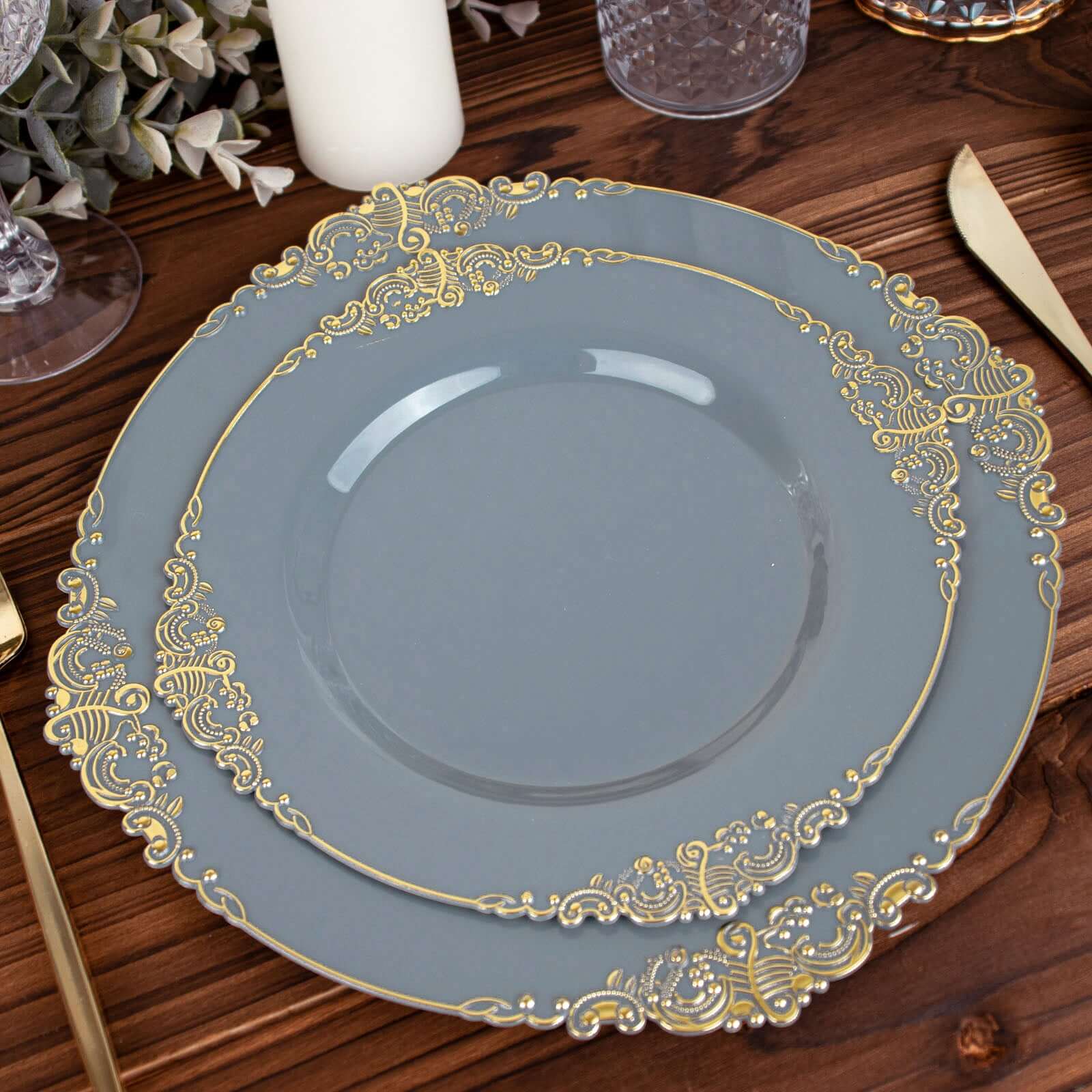 10-Pack Plastic Round Dessert Plates 8" Dusty Blue with Gold Leaf Embossed Rim - Vintage Baroque Style Disposable Salad Plates - Image 6