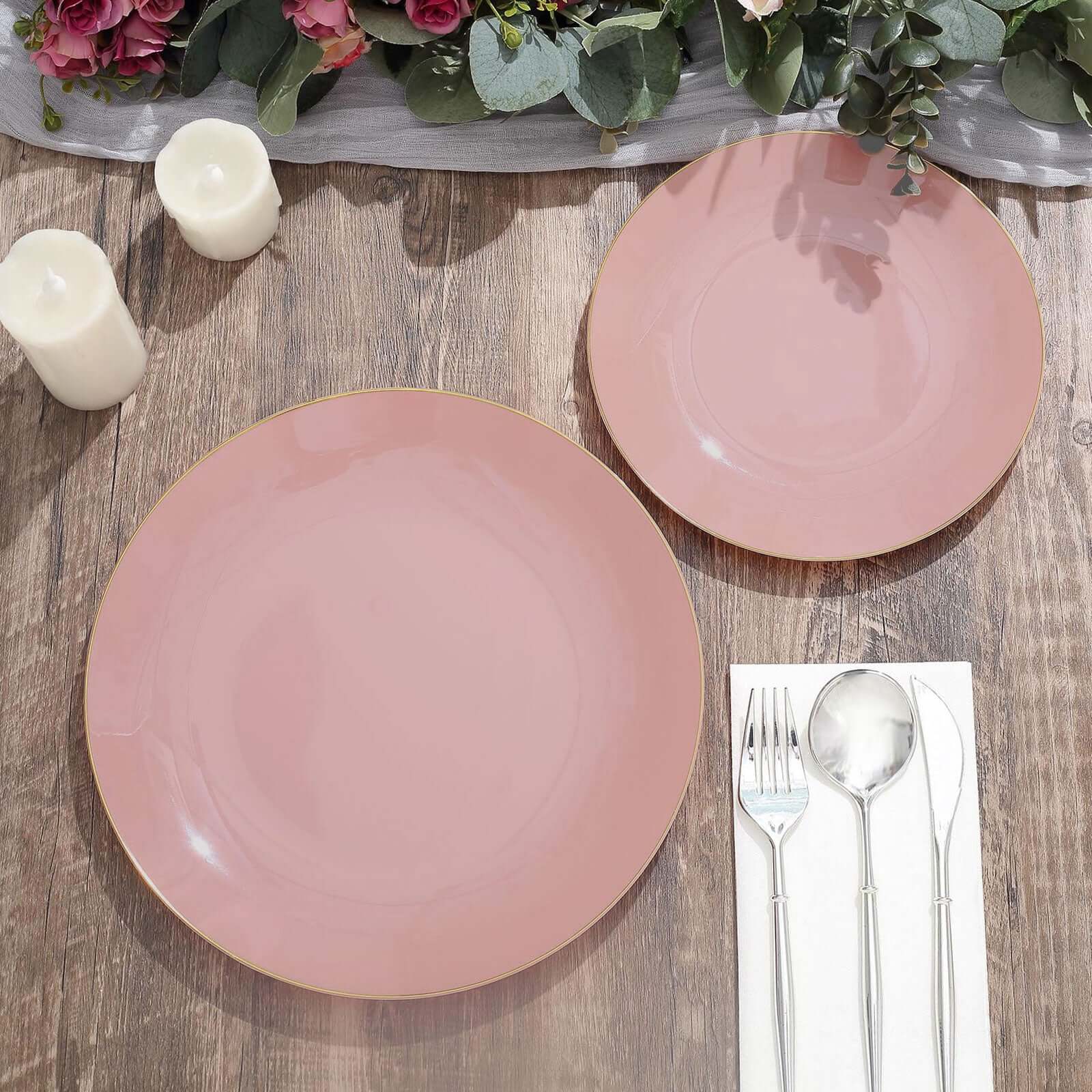 10-Pack Plastic Round Dessert Plates 8" Dusty Rose with Gold Rim - Glossy Disposable Appetizer Salad Plates - Image 10