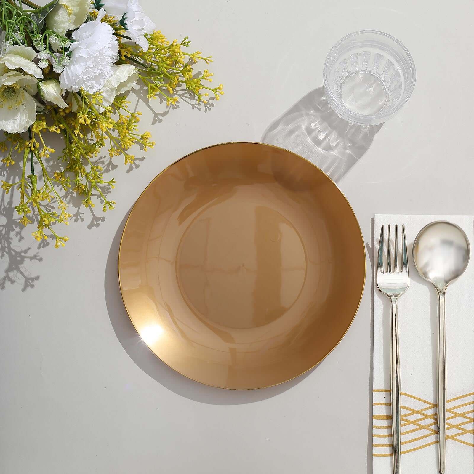 10-Pack Plastic Round Dessert Plates 8" Gold with Gold Rim - Glossy Disposable Appetizer Salad Plates - Image 2