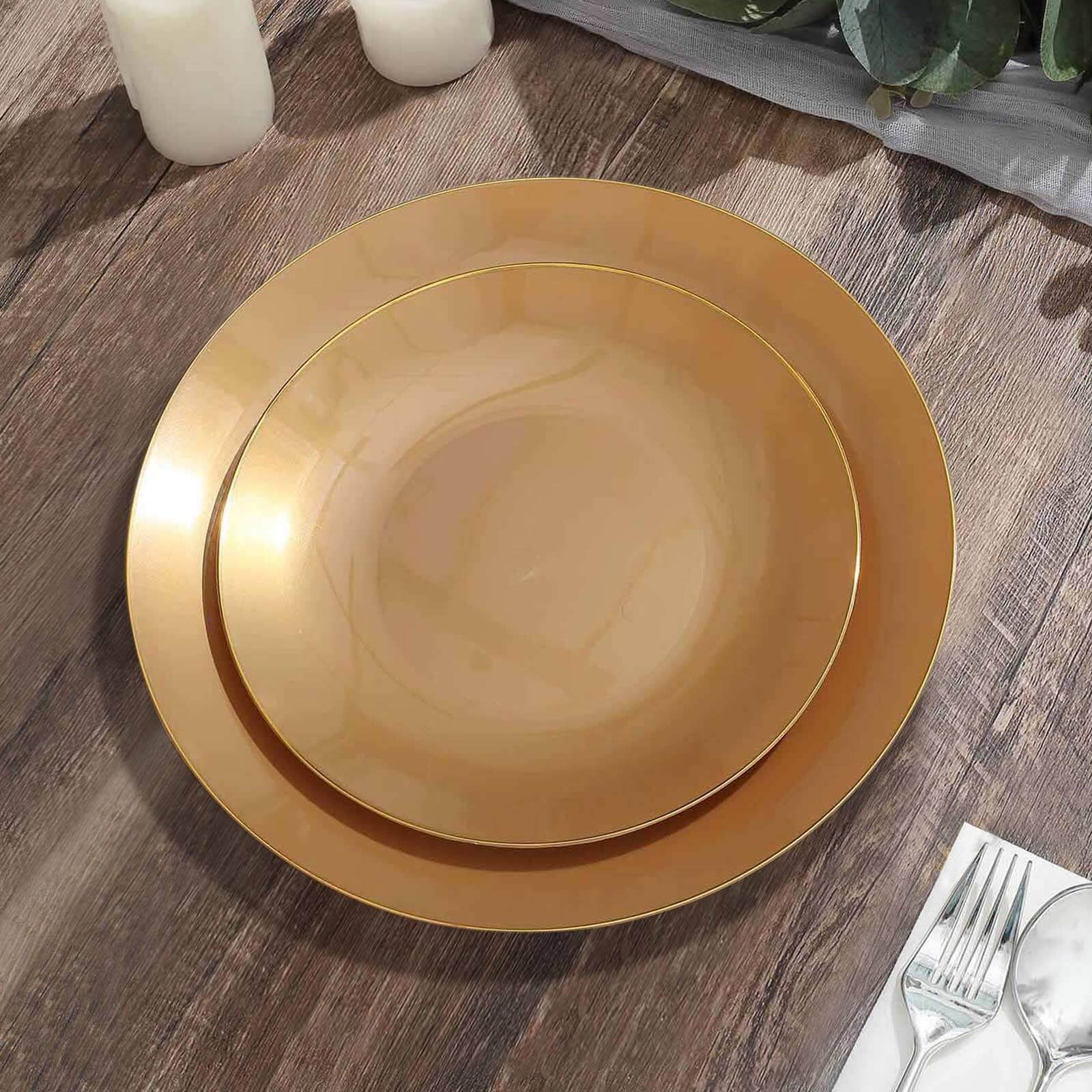 10-Pack Plastic Round Dessert Plates 8" Gold with Gold Rim - Glossy Disposable Appetizer Salad Plates - Image 6